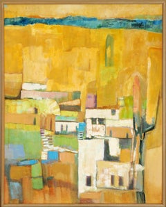 Peinture de paysage abstrait moderne aux tons jaunes d'inspiration cubiste représentant des bâtiments