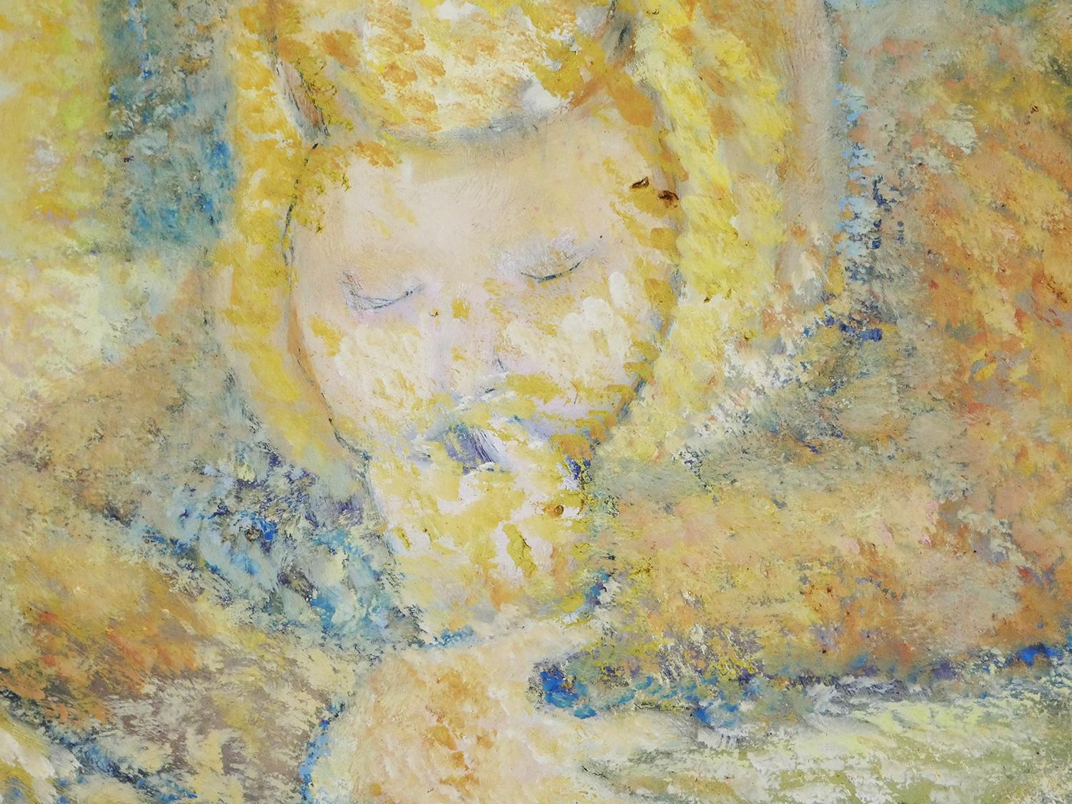 Modern Yellow Toned Figurative Abstract Painting of a Young Girl Laying on a Rug For Sale 7