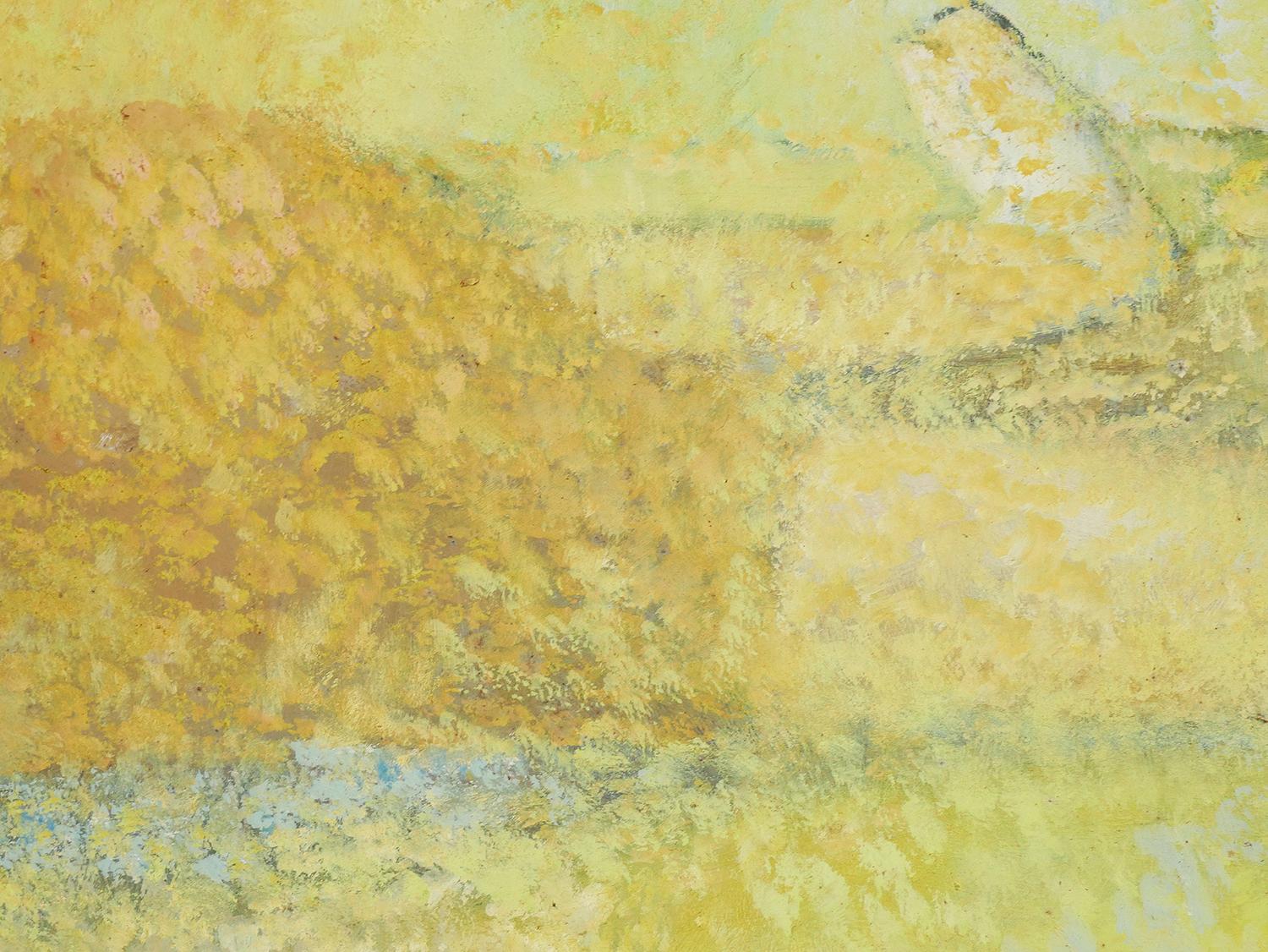 Modern Yellow Toned Figurative Abstract Painting of a Young Girl Laying on a Rug For Sale 8