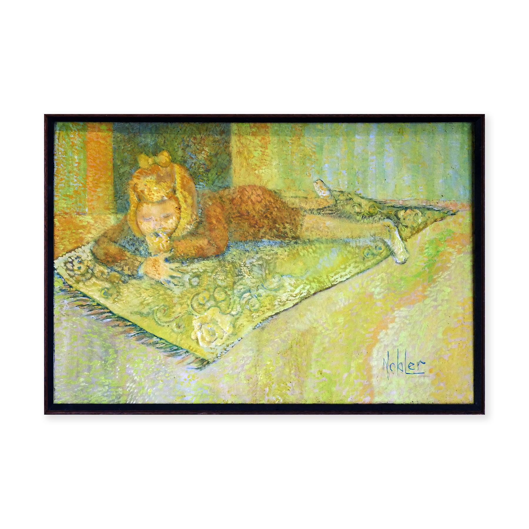 Modern Yellow Toned Figurative Abstract Painting of a Young Girl Laying on a Rug - Beige Figurative Painting by Margaret Nobler