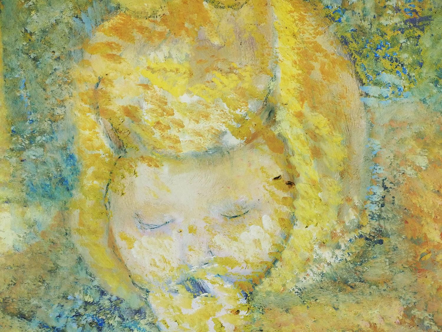 Modern Yellow Toned Figurative Abstract Painting of a Young Girl Laying on a Rug For Sale 4