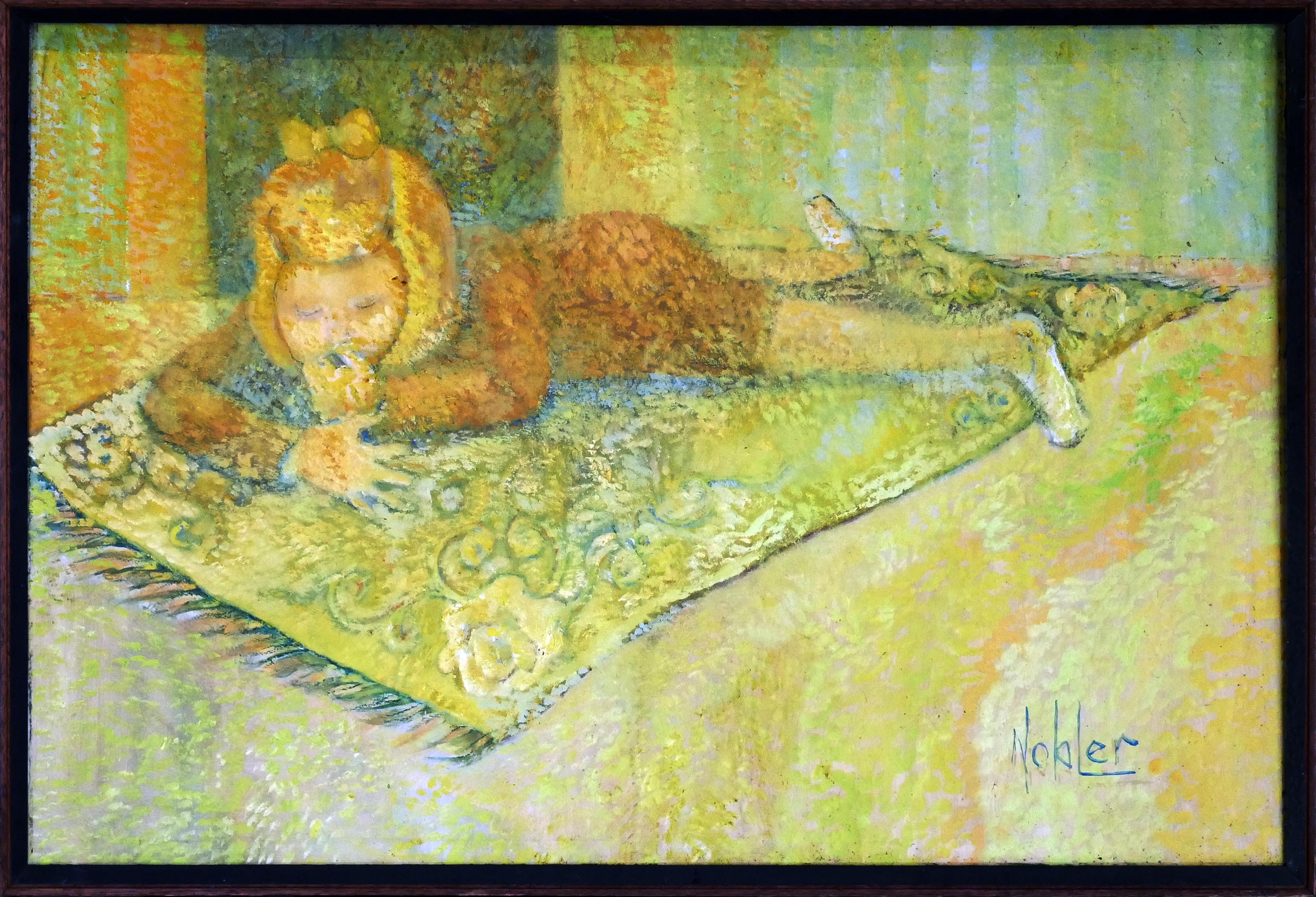 Gelb getöntes figuratives abstraktes Gemälde eines auf einem Teppich liegenden jungen Mädchens, Moderne