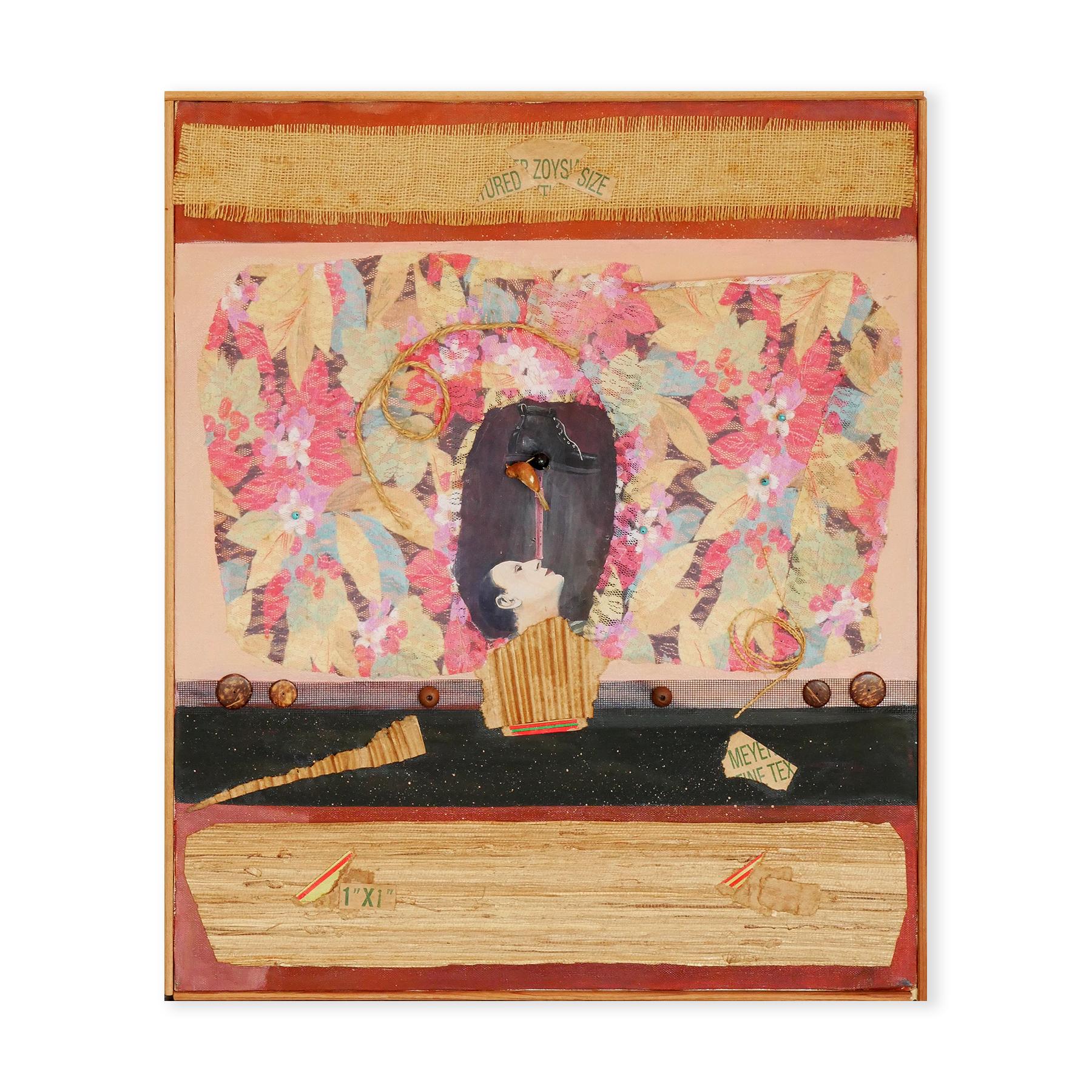 Pink and orange abstract figurative mixed media painting by Houston, TX artist Margaret Nobler. The painting features a figure of a female against a pink-toned floral fabric. Strips of brown burlap cloth can also be seen at the top and bottom part