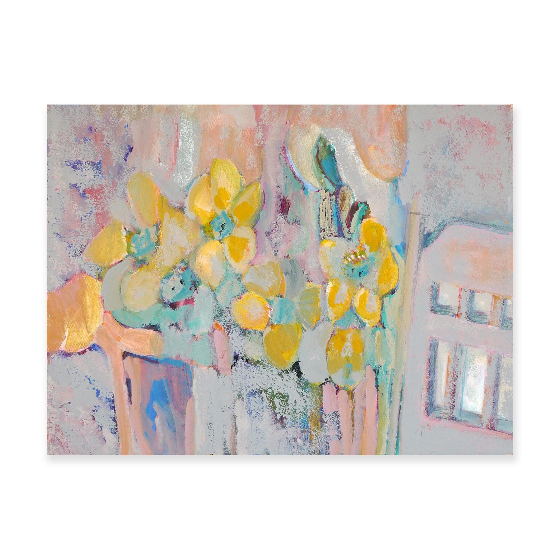Pastel pink, purple, and blue abstract interior still life with yellow flowers by Houston, TX artist Margaret Nobler. The painting depicts yellow flowers in a vase against a pastel pink abstract background and a chair's backrest. Unsigned. Unframed