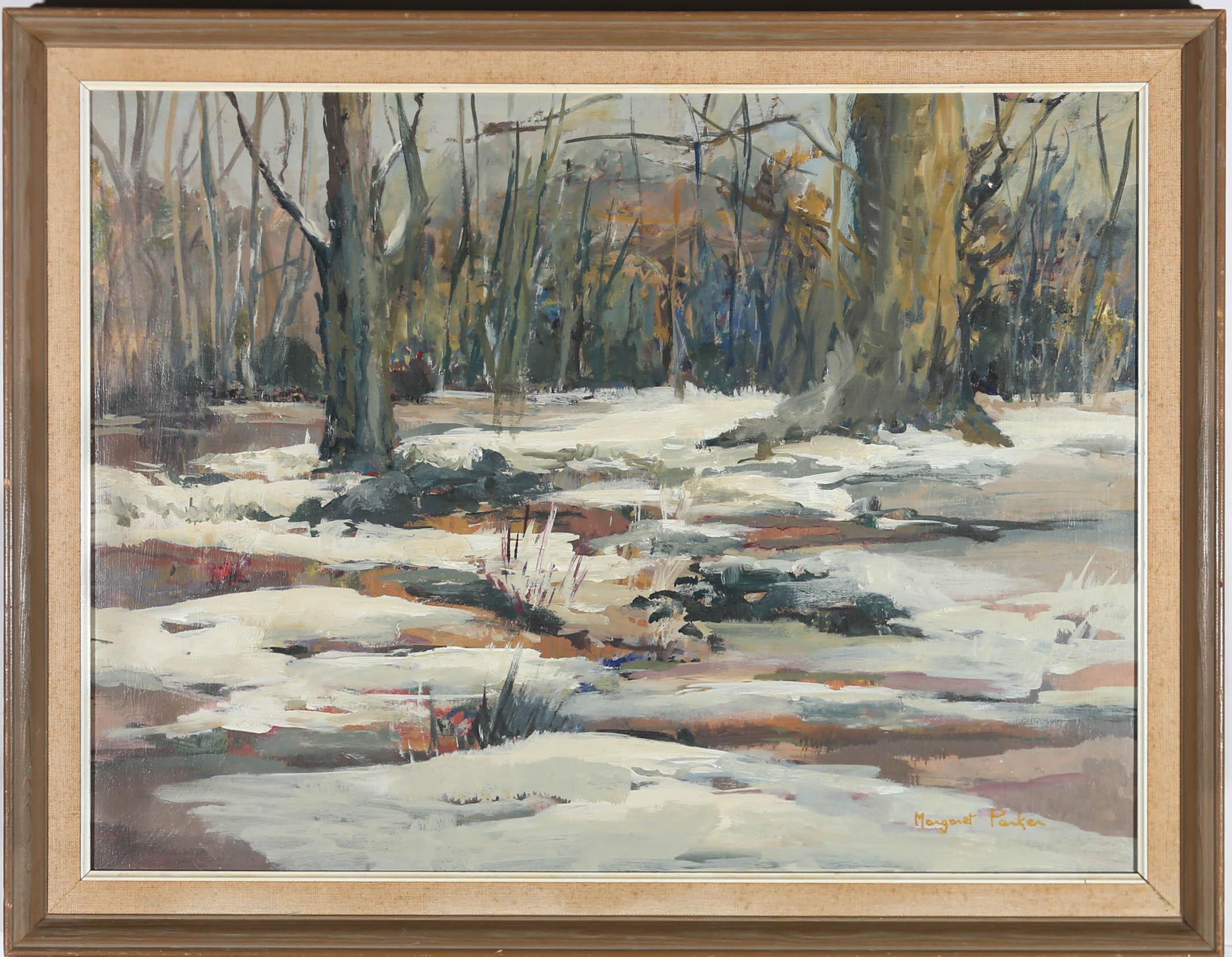 A delightful winter scene depicting deep woodland lightly covered in thawing snow. Painting using gestural brushstrokes and a natural palette. Signed to the lower right. Titled verso. Presented in a wooden frame with a cotton slip. On board.