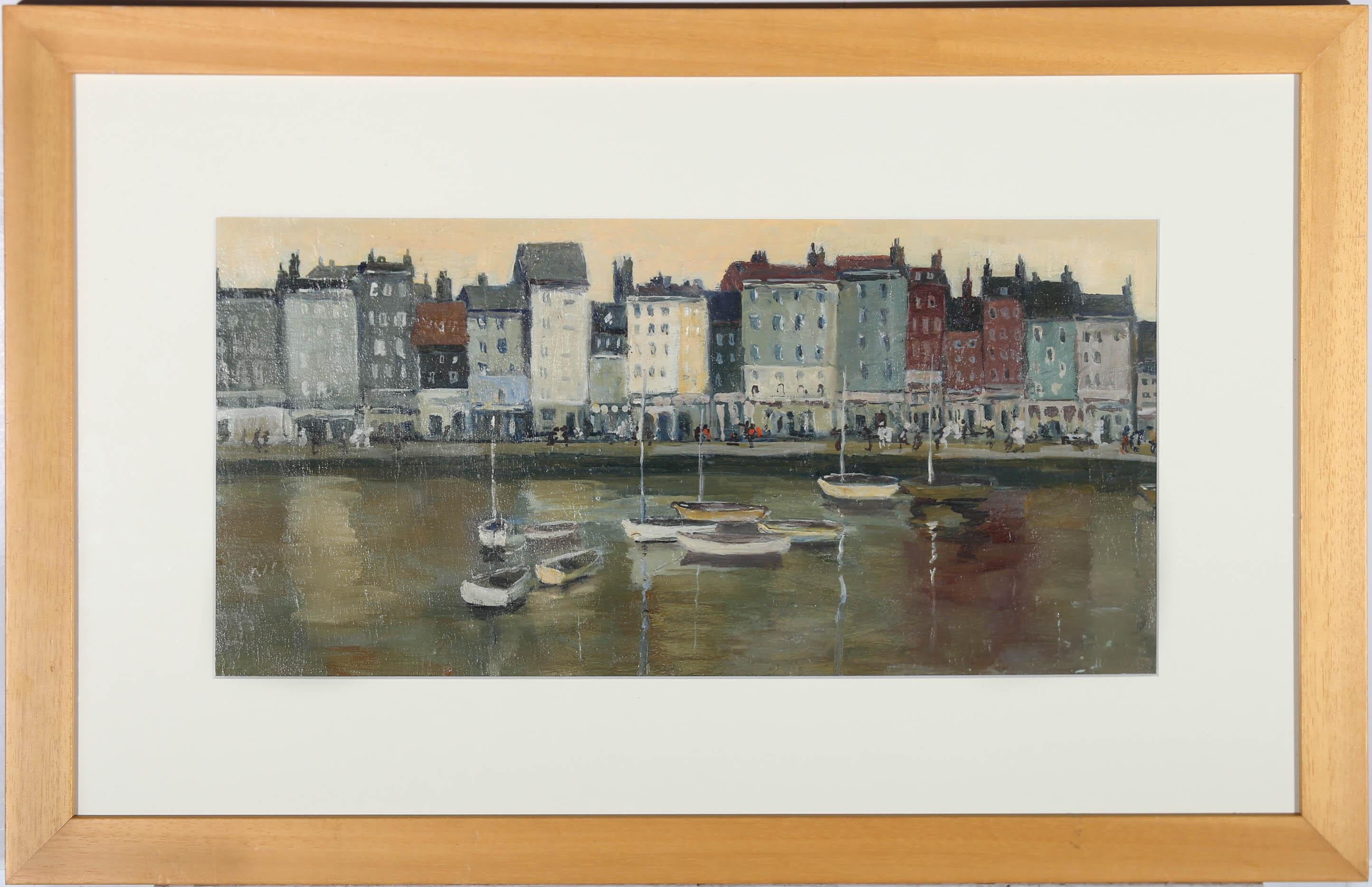 A delightful study of the Vieux-Bassin (old harbour) Honfleur in Normandy, France. Characterized by it's tall 16th- to 18th-century townhouses, the artist captures the historic harbour lined with tourists watching the boats. Unsigned. Presented in a