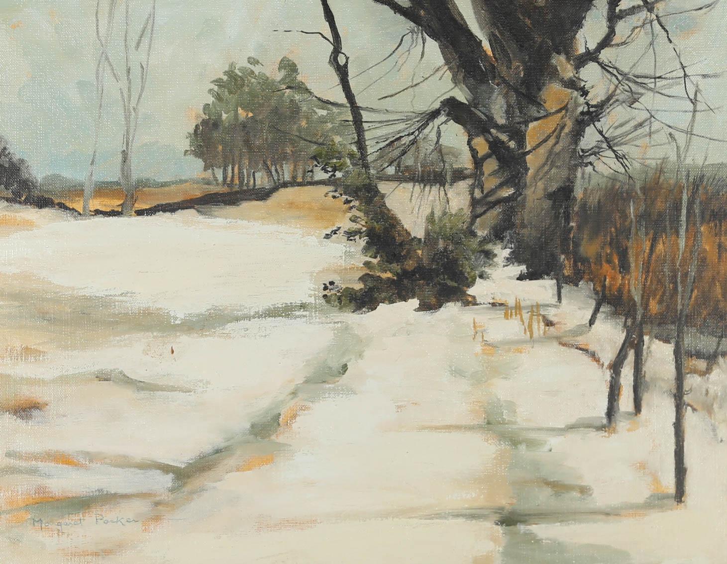 A winter landscape at Riplingham, shows snow covered fields and bear leafed trees in an impressionistic seasonal light. The artist has signed to the lower left corner and the painting has been well-presented in a large wooden frame with a gilt inner