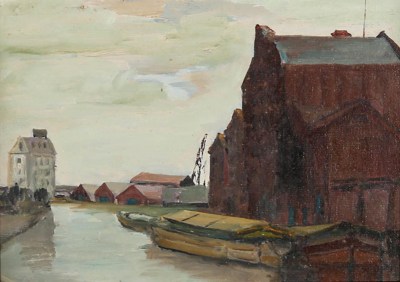 A atmospheric scene depicting the River Hull on a cloudy afternoon. The artist captures the industrial buildings and river boats in a muted colour palette and loose style. Signed and titled to the reverse. Presented in a distressed gilt frame. On