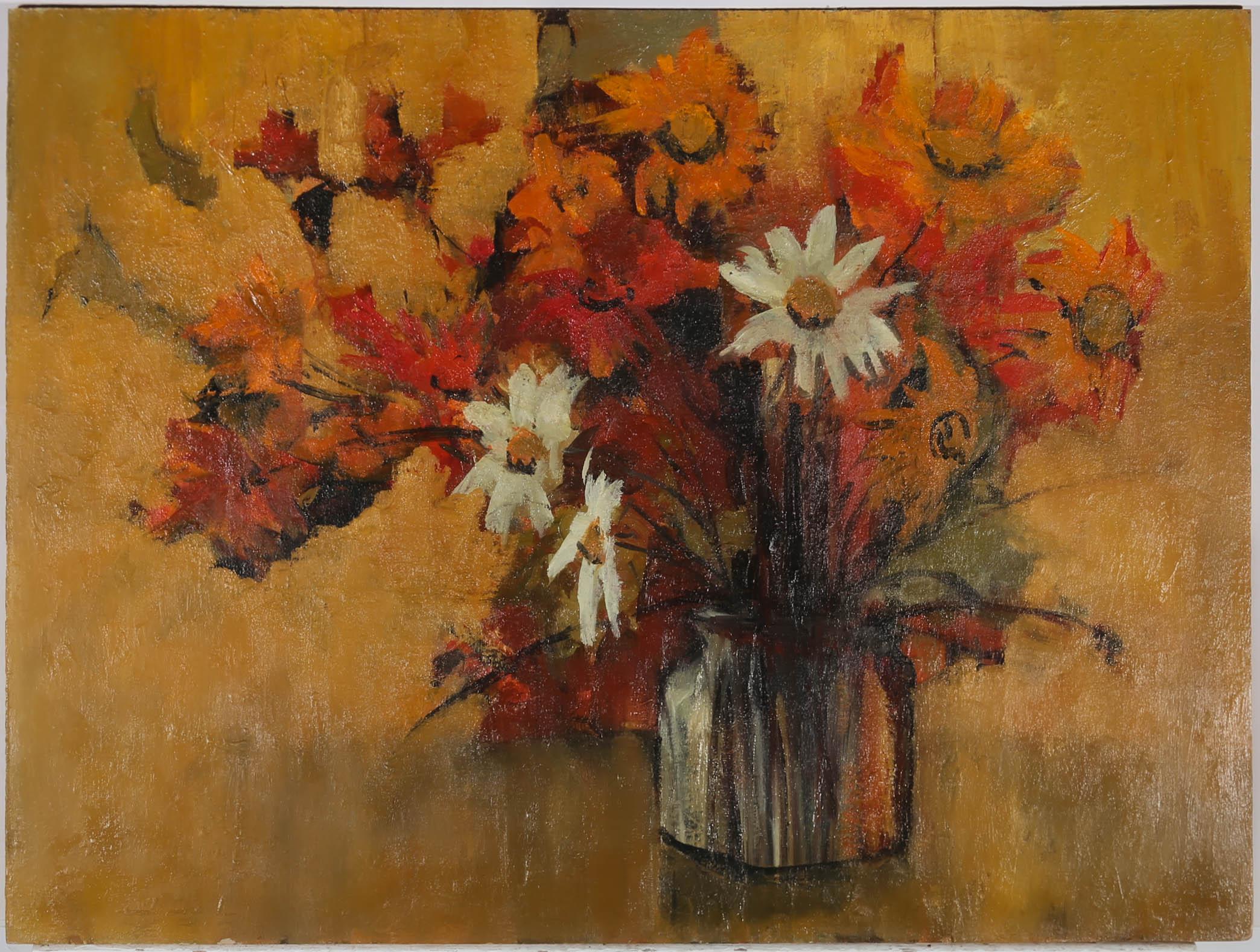 A charming still life study of a vase of wildflowers against an orange background. The artist uses expressive brushwork and a slight impasto technique to create depth and texture in the scene. Unsigned. On board.