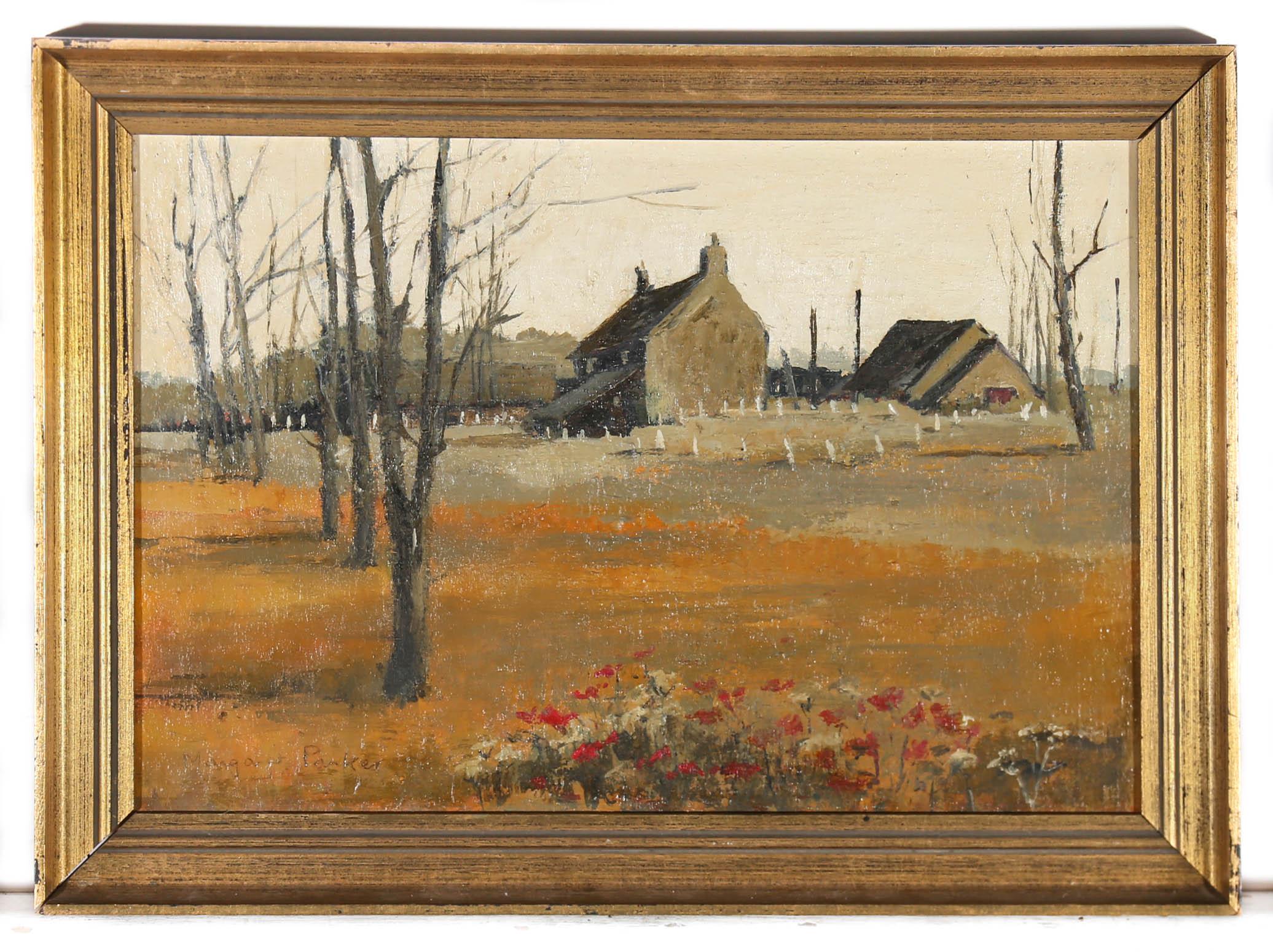 A charming depiction of a rural farmstead in a landscape. The scene shows bare winter trees before a quaint farm cottage, painting in an earthy palette. Signed to the lower right. Presented in a gilt frame. On board. 