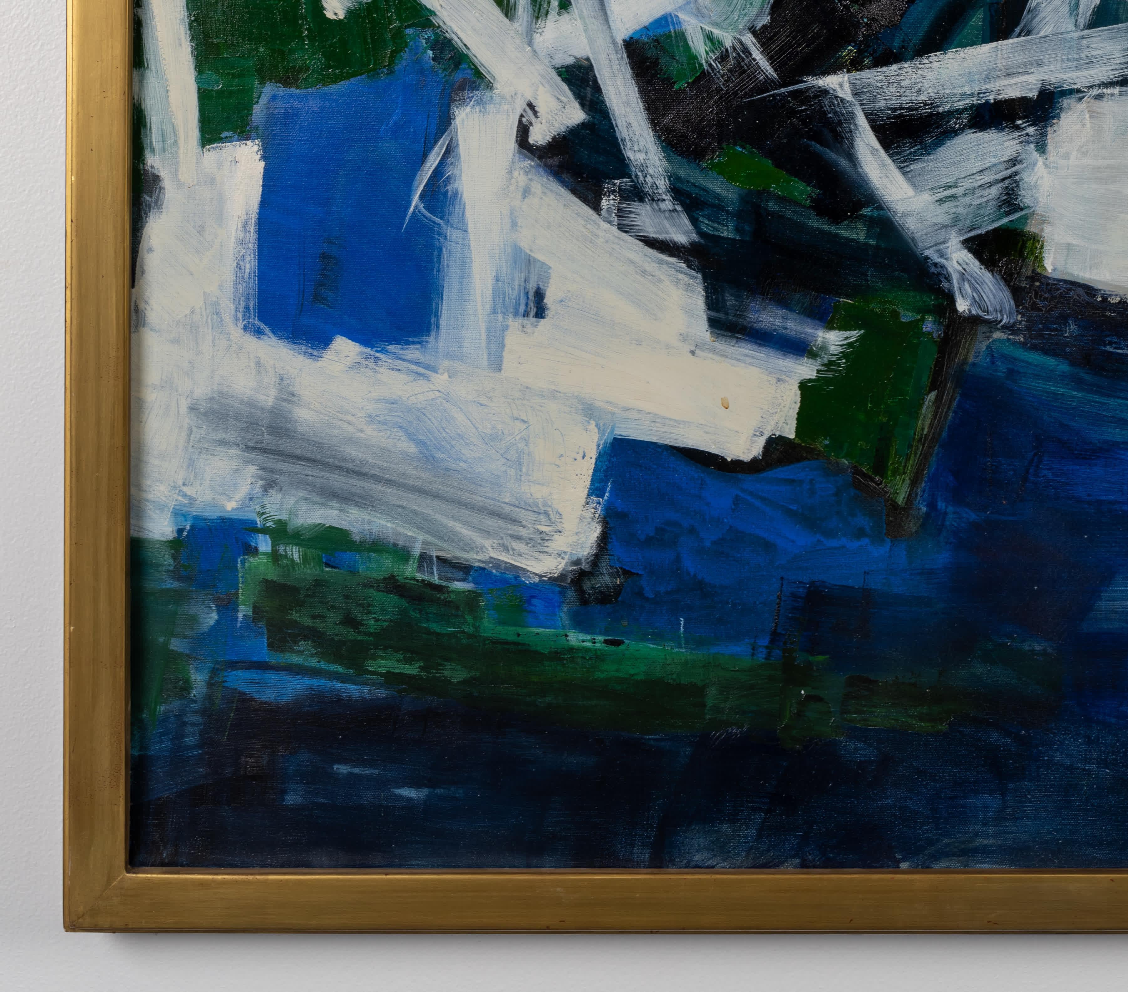 Peggy Reventlow
Americano, 1915-2014
Astratto in blu

Olio su tela
36 x 48 pollici, con cornice 38 ¼ x 50 ¼ pollici
Firmato sul verso

Reventlow ha studiato presso Le Cours Maintnon a Parigi e presso Le College Feminin de Bouffemont. Ha studiato