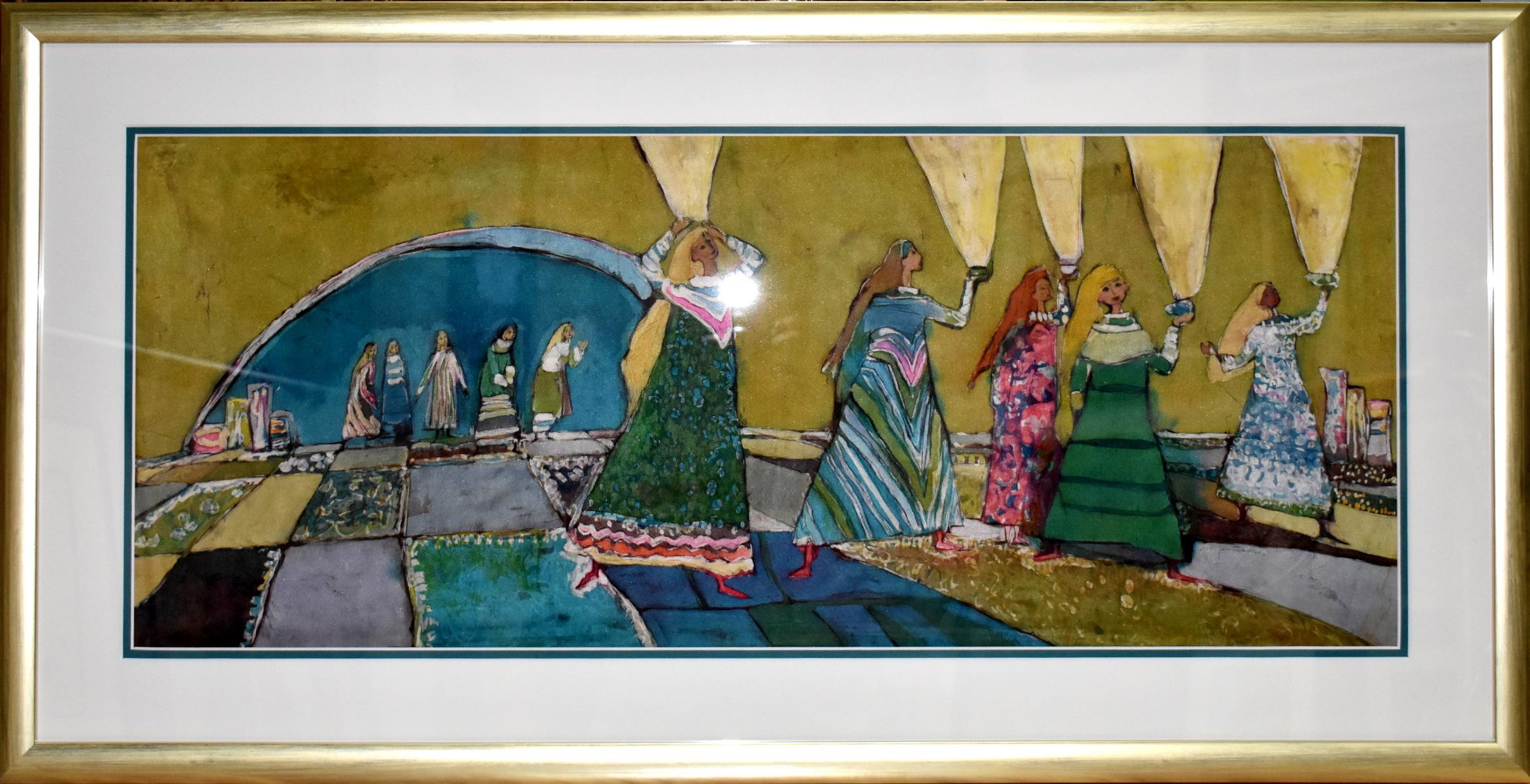 Margaret Putnam 
(1913-1989)
San Antonio Artist
Image Size: 12.5 x 31
Frame Size: 19 x 37.5
Medium: Batik
"Lamp Dancers"
Biography
Margaret Putnam (1913-1987)
Margaret Putnam left an artistic legacy rare even in the art world. Revered for her