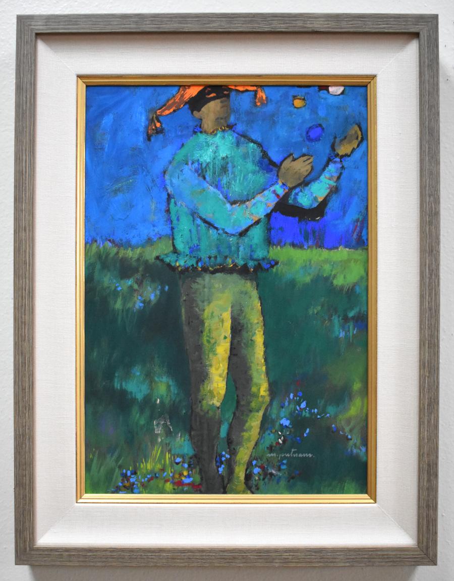 Margaret Putnam Figurative Painting - "JUGGLER" MID CENTURY MODERN (1913-1989) COURT JESTER COLORFUL FUN