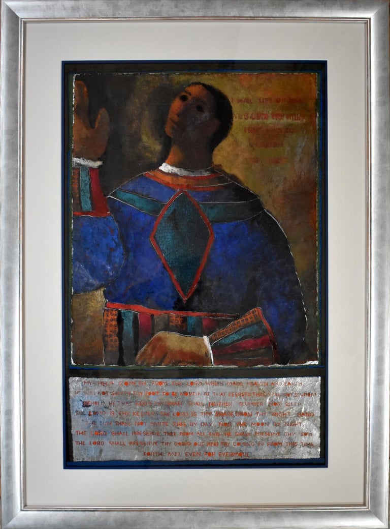Margaret Putnam 
(1913-1989)
San Antonio Artist
Image Size: 28.5 x 20.5
Frame Size: 37 x 29
Medium: Oil, Hand Made Paper, Mixed Media, Foil
Circa 1960s
Psalm 121:1 