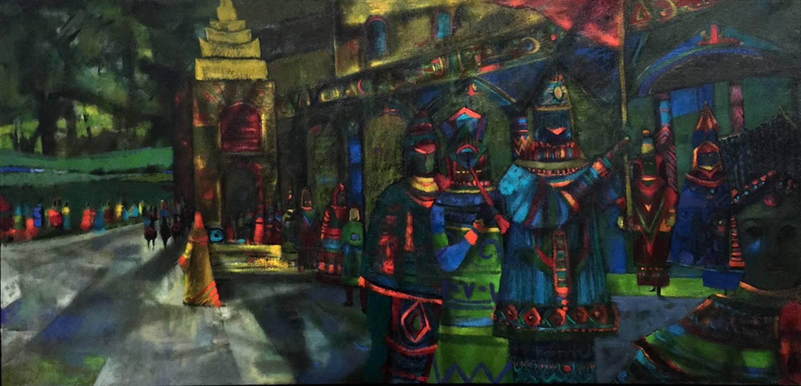 Margaret Putnam Landscape Painting - "The Pavillion"  Mid Century Modern Texas Painting Large