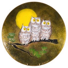 Margaret Ratcliff Grande assiette décorative en forme de hibou émaillée sur cuivre, années 1950-1960