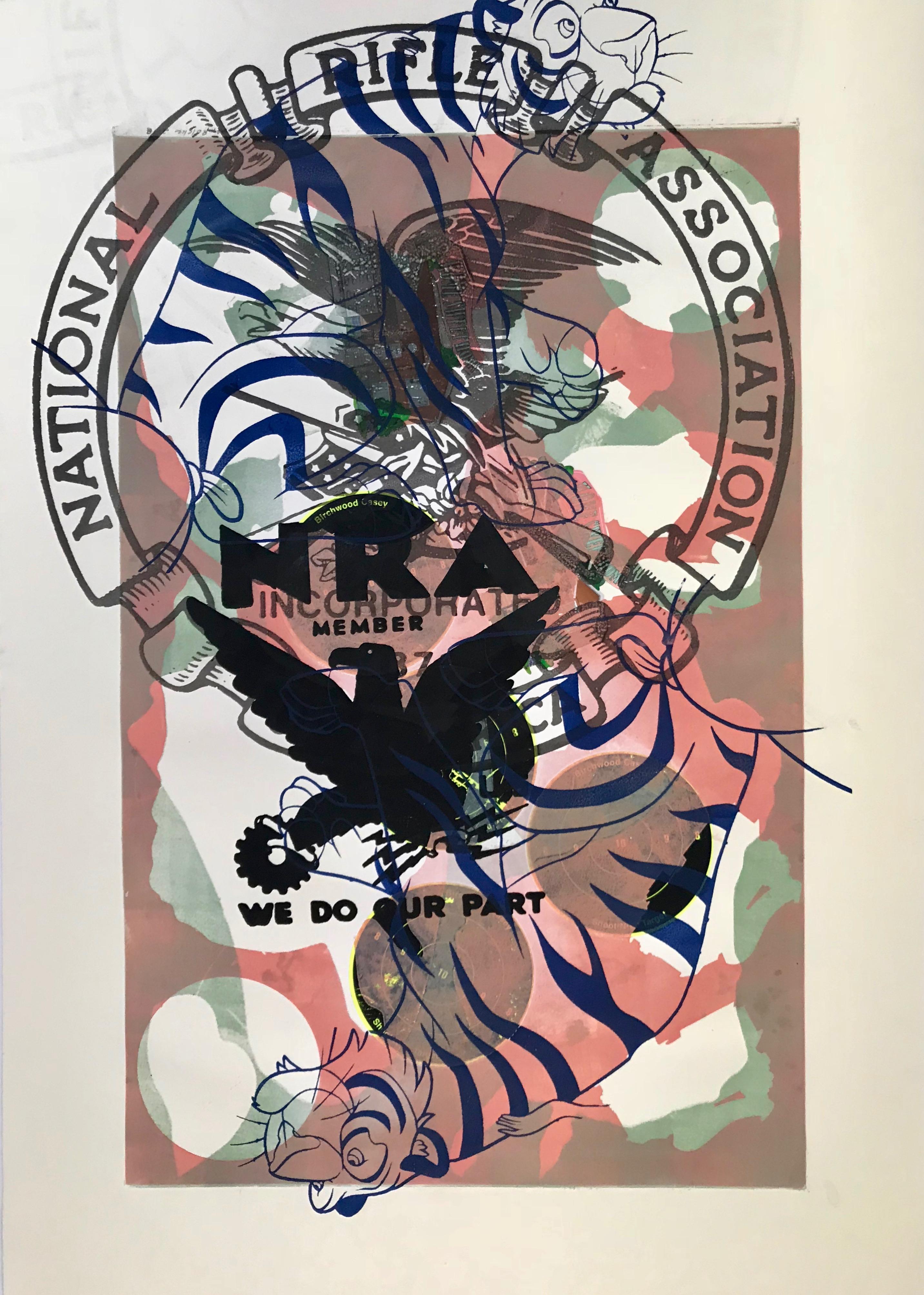 Margaret Roleke, End It,  2018  monoprint with collage and silkscreen  22” x 15
