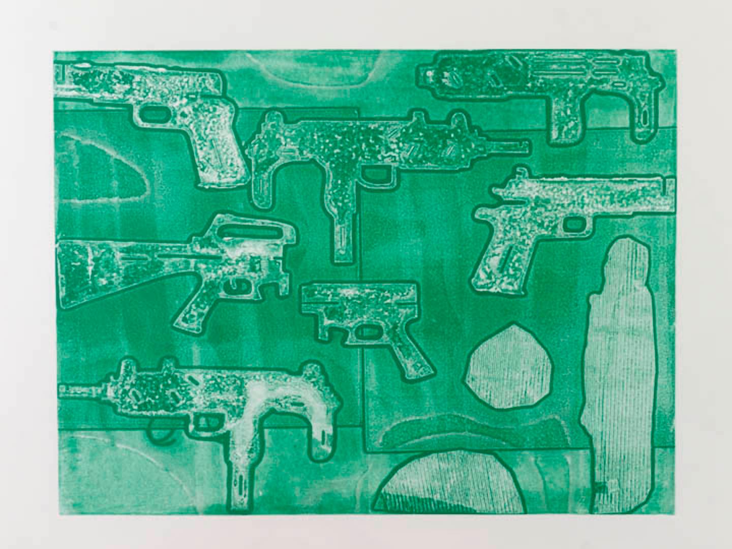 Margaret Roleke, Monochromatic Guns, 2015, monoprint, 22 x 30 in