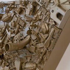 Margaret Roleke, Holy Wars, 2015, children's toys, spray enamel, wood panel