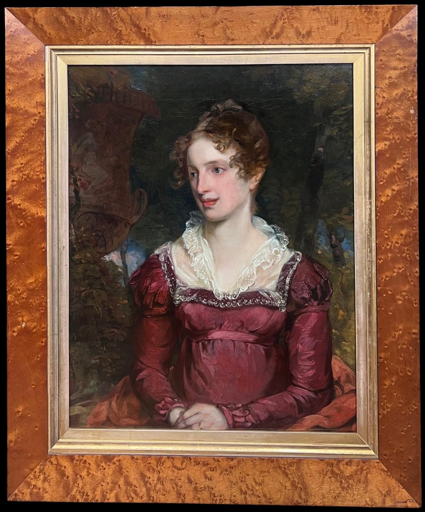 Belle peinture à l
huile du début de l
époque victorienne Portrait d
une dame anglaise Cadre en bois d
érable