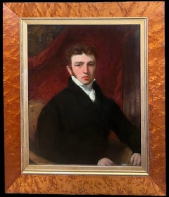 Raffinato ritratto vittoriano di gentiluomo inglese dipinto a olio in legno d'acero, in un'atmosfera di grande fascino.