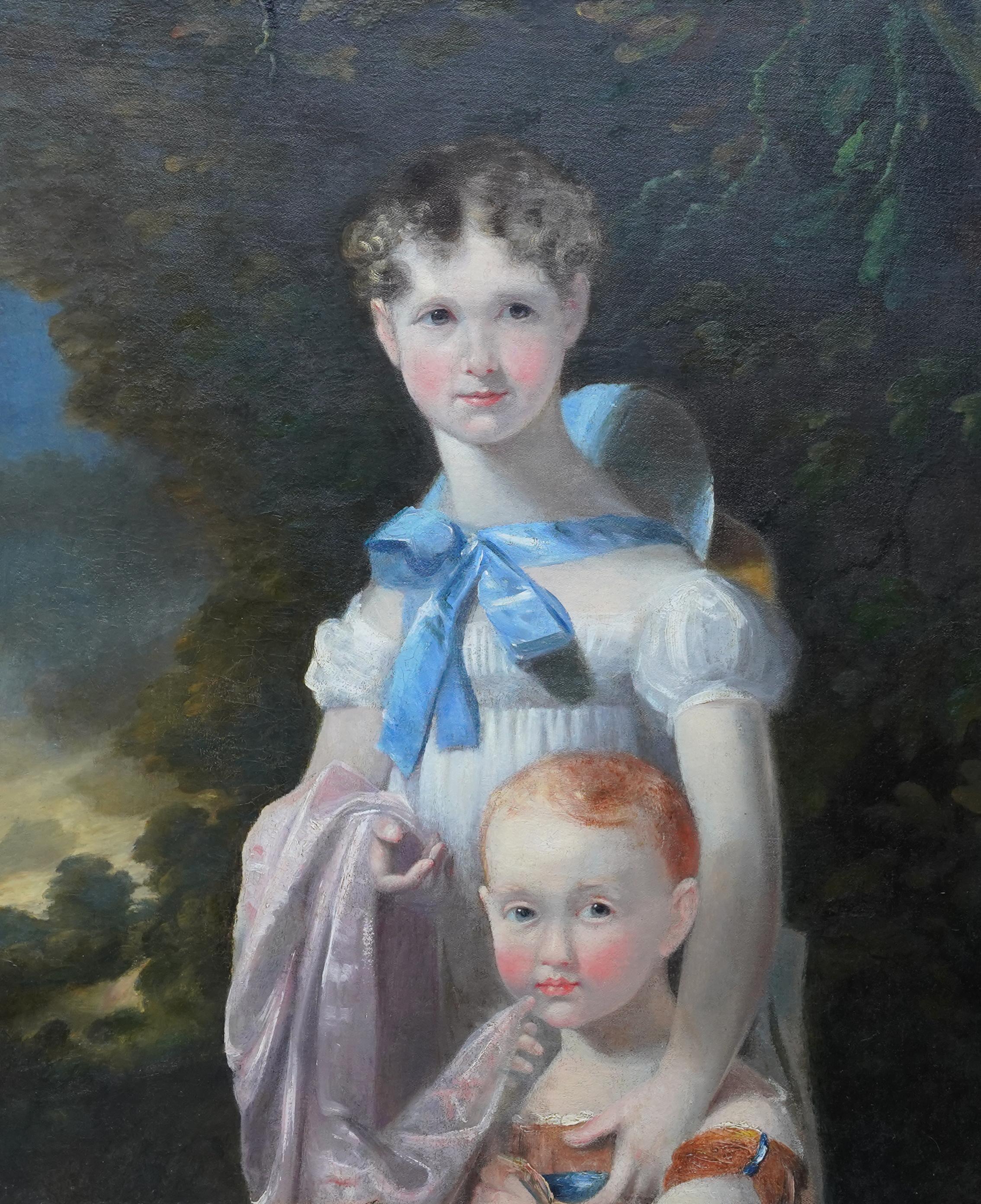 Portrait of Two Sisters in a Landscape - British 19th century art oil painting For Sale 3