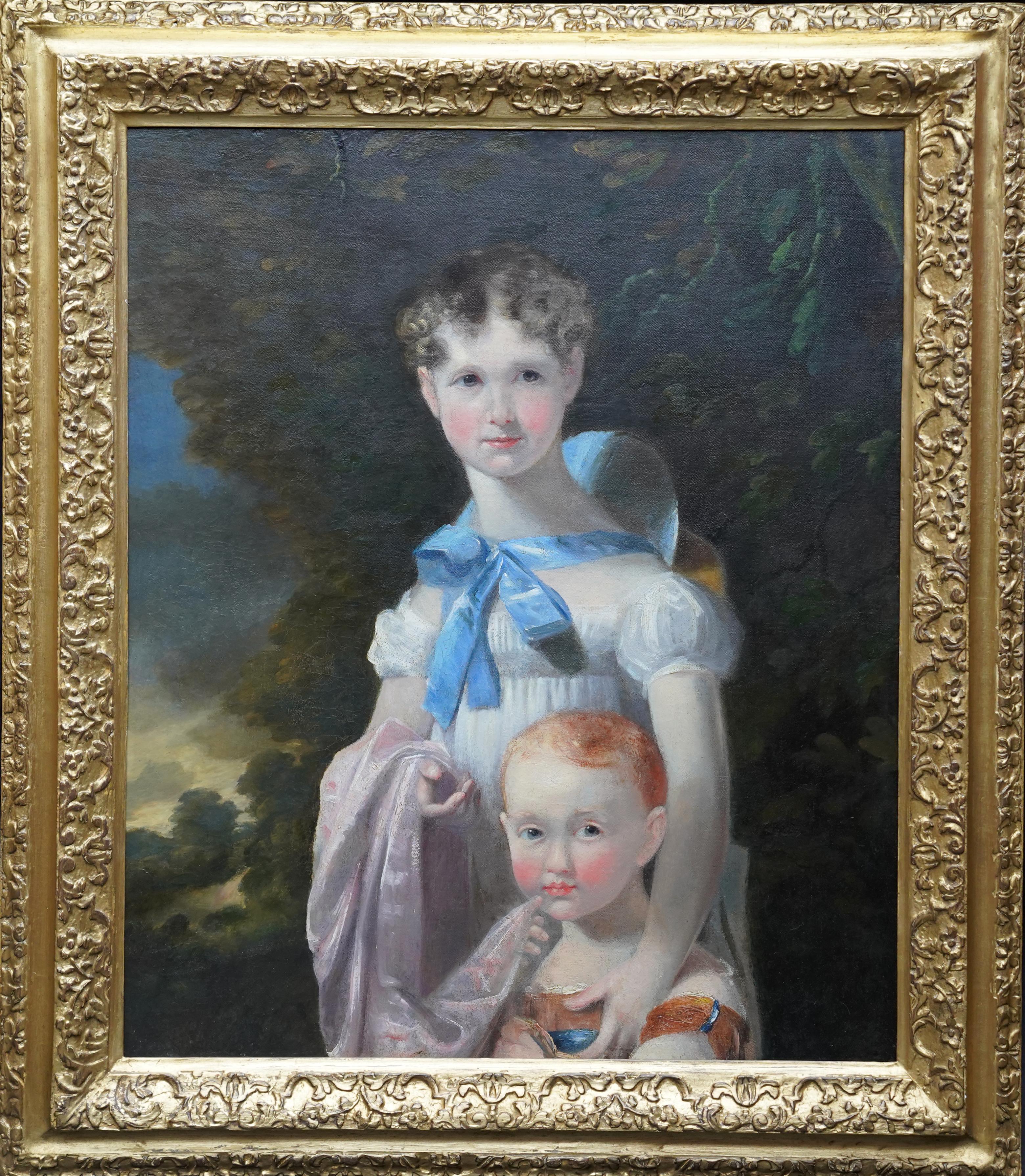 Portrait of Two Sisters in a Landscape - British 19th century art oil painting For Sale 5