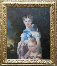 Antique Portrait of Two Sisters in a Landscape - British 19th century art oil painting