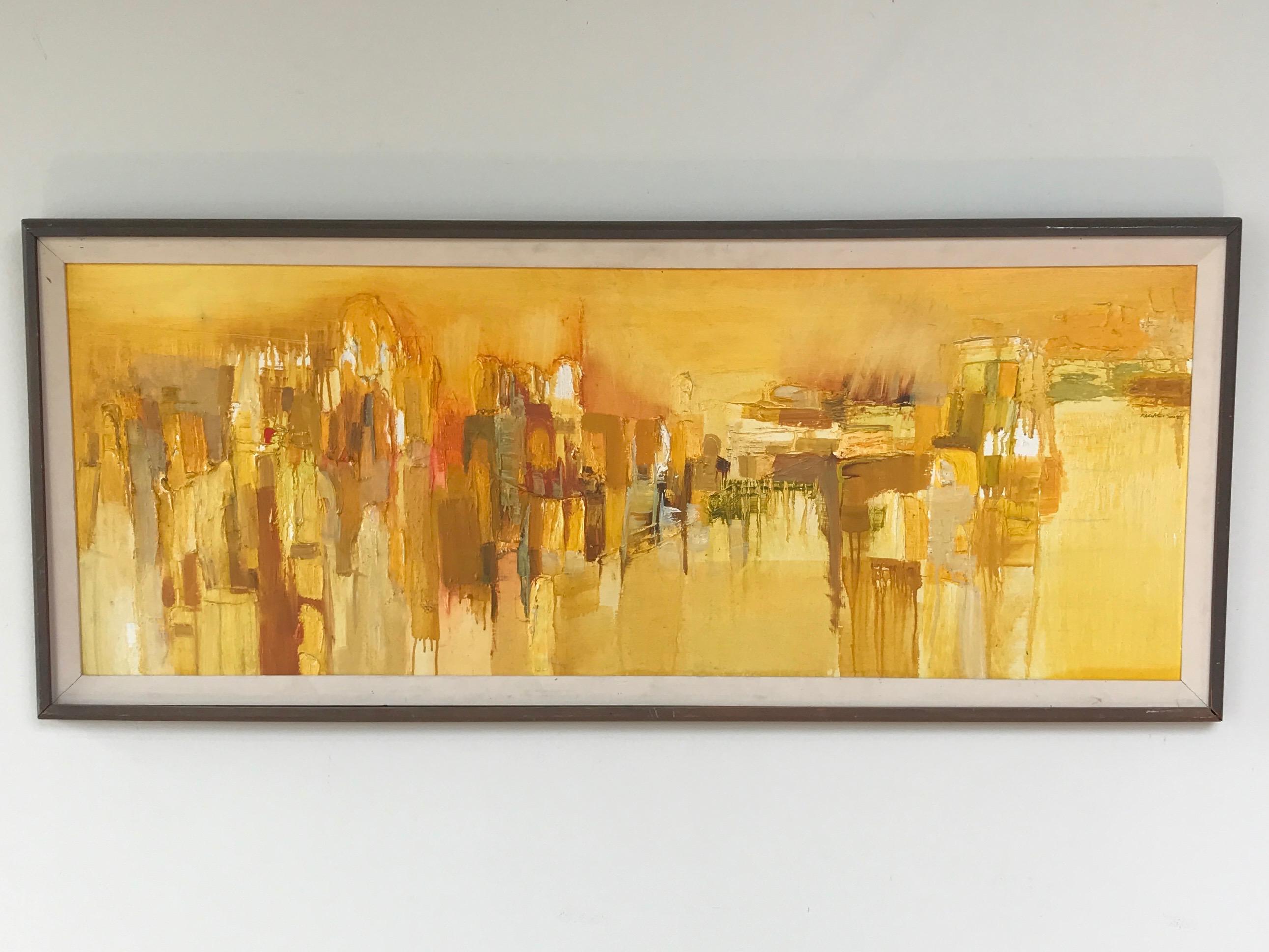 A signed late 1970s/early 1980s large abstract impressionist cityscape oil painting on board titled “Near the Zócalo”, by American artist Margaret Smith.

The Zócalo is the common name of the main square in Mexico City—known formally as Plaza de la