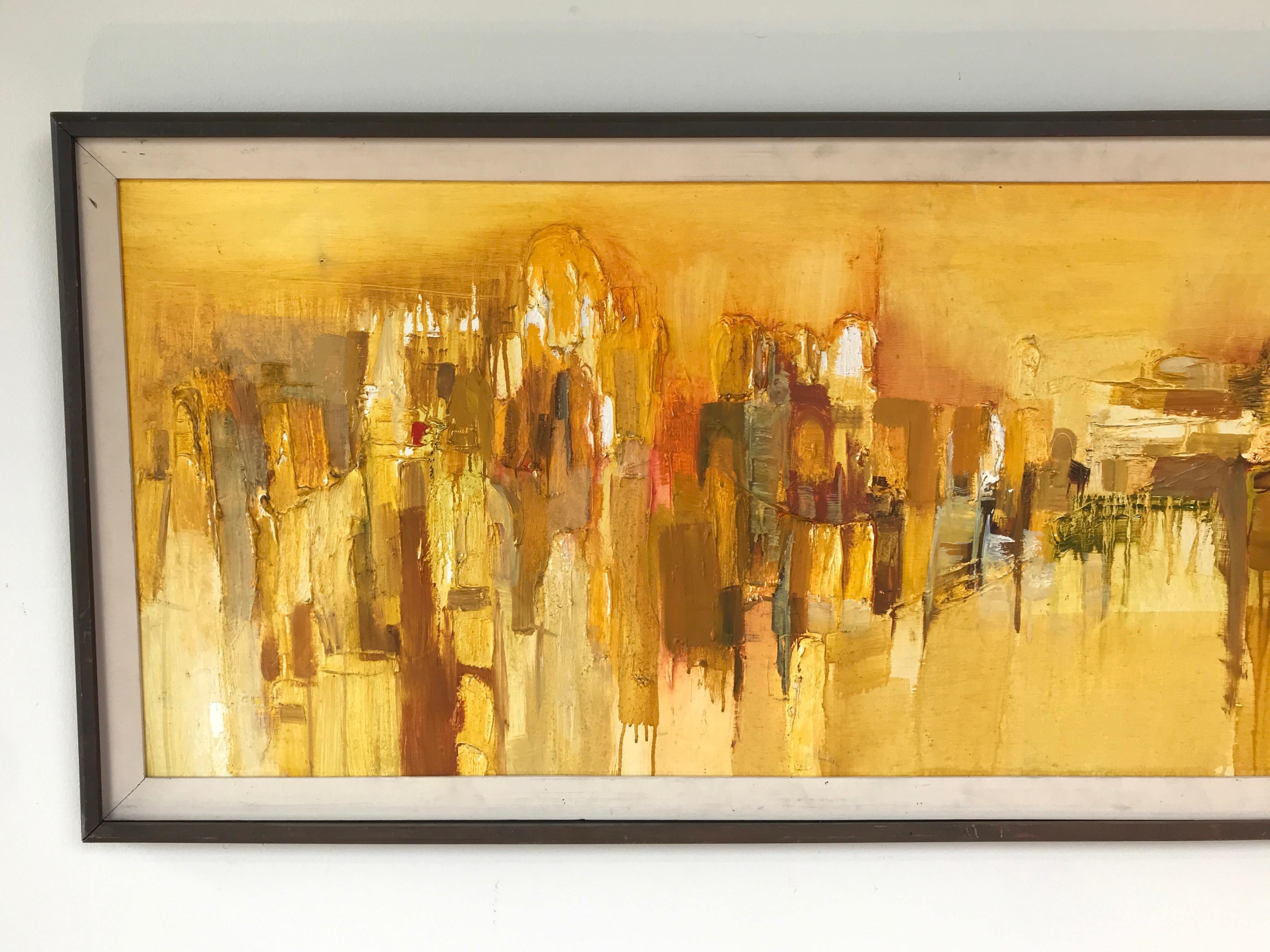 Moderne « Près du Zócalo », peinture à l'huile impressionniste abstraite de Margaret Smith représentant un paysage urbain en vente