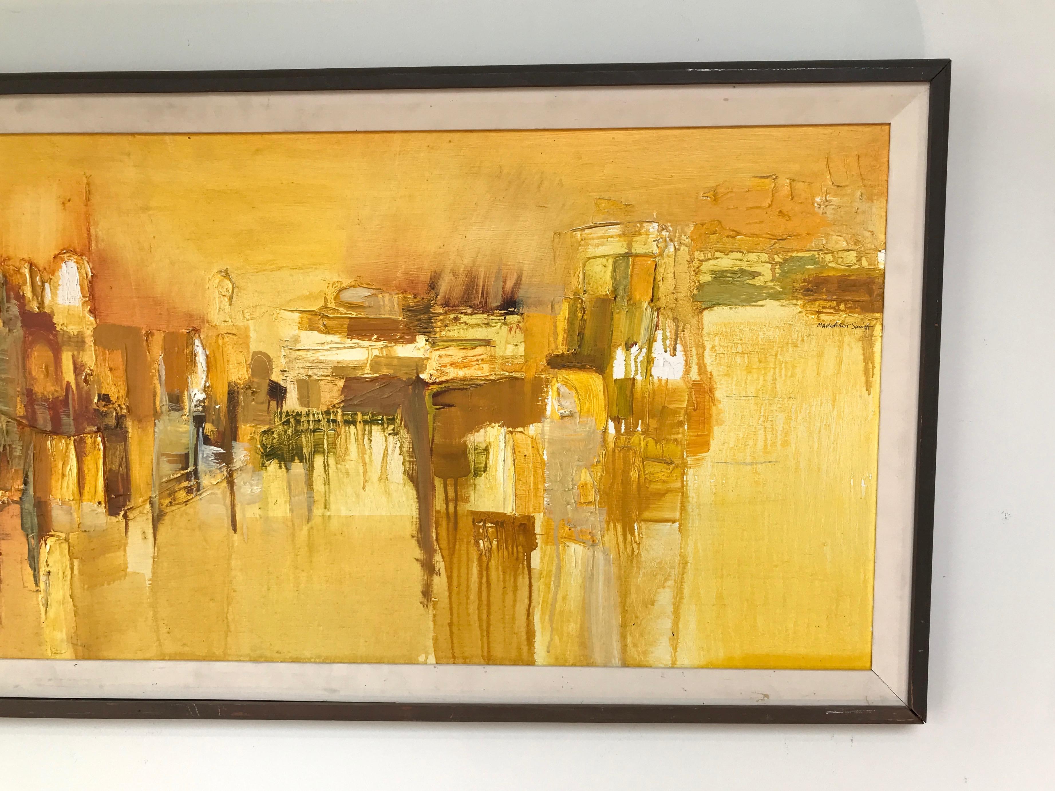 « Près du Zócalo », peinture à l'huile impressionniste abstraite de Margaret Smith représentant un paysage urbain Bon état - En vente à San Francisco, CA