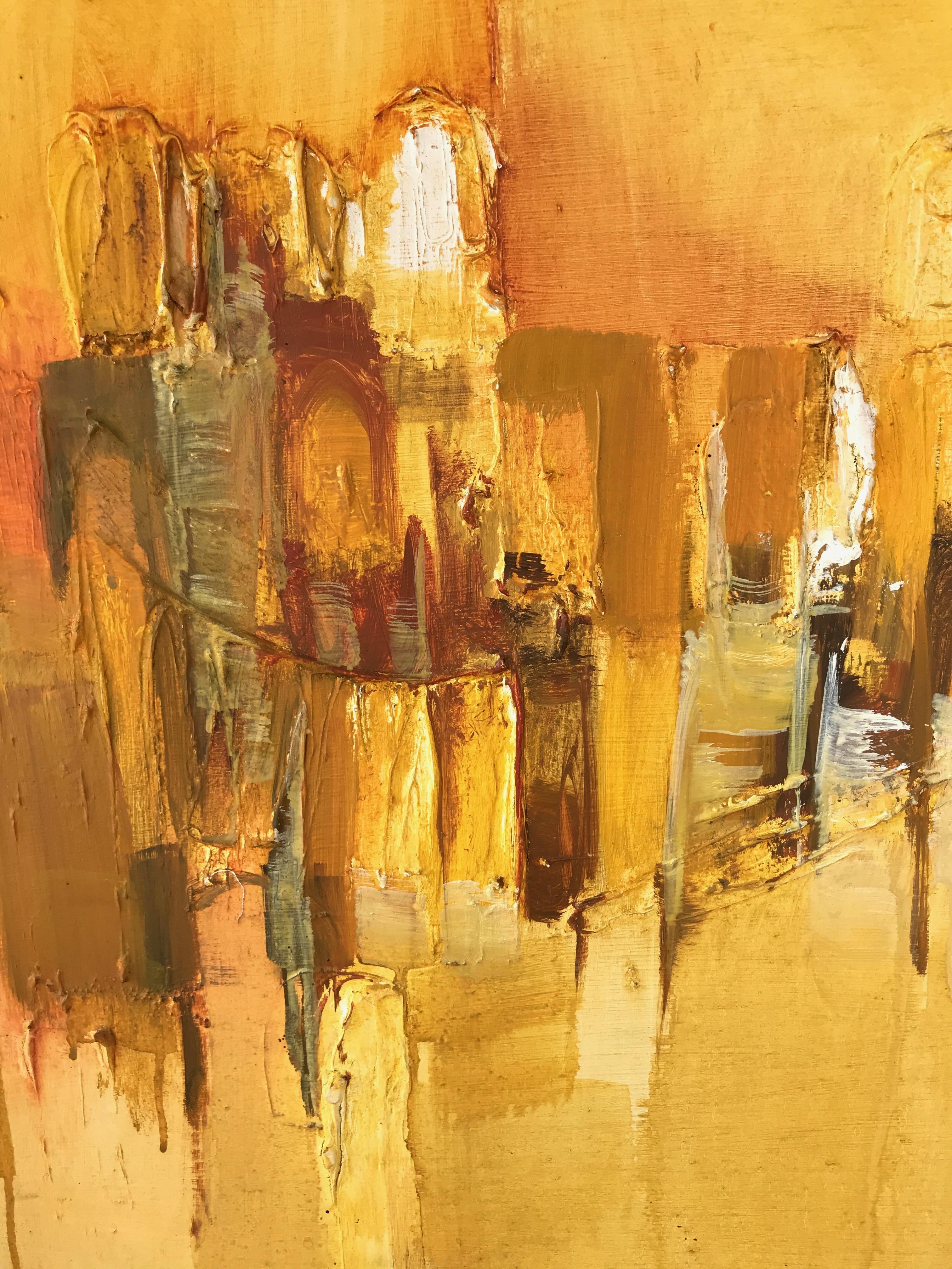 « Près du Zócalo », peinture à l'huile impressionniste abstraite de Margaret Smith représentant un paysage urbain en vente 2