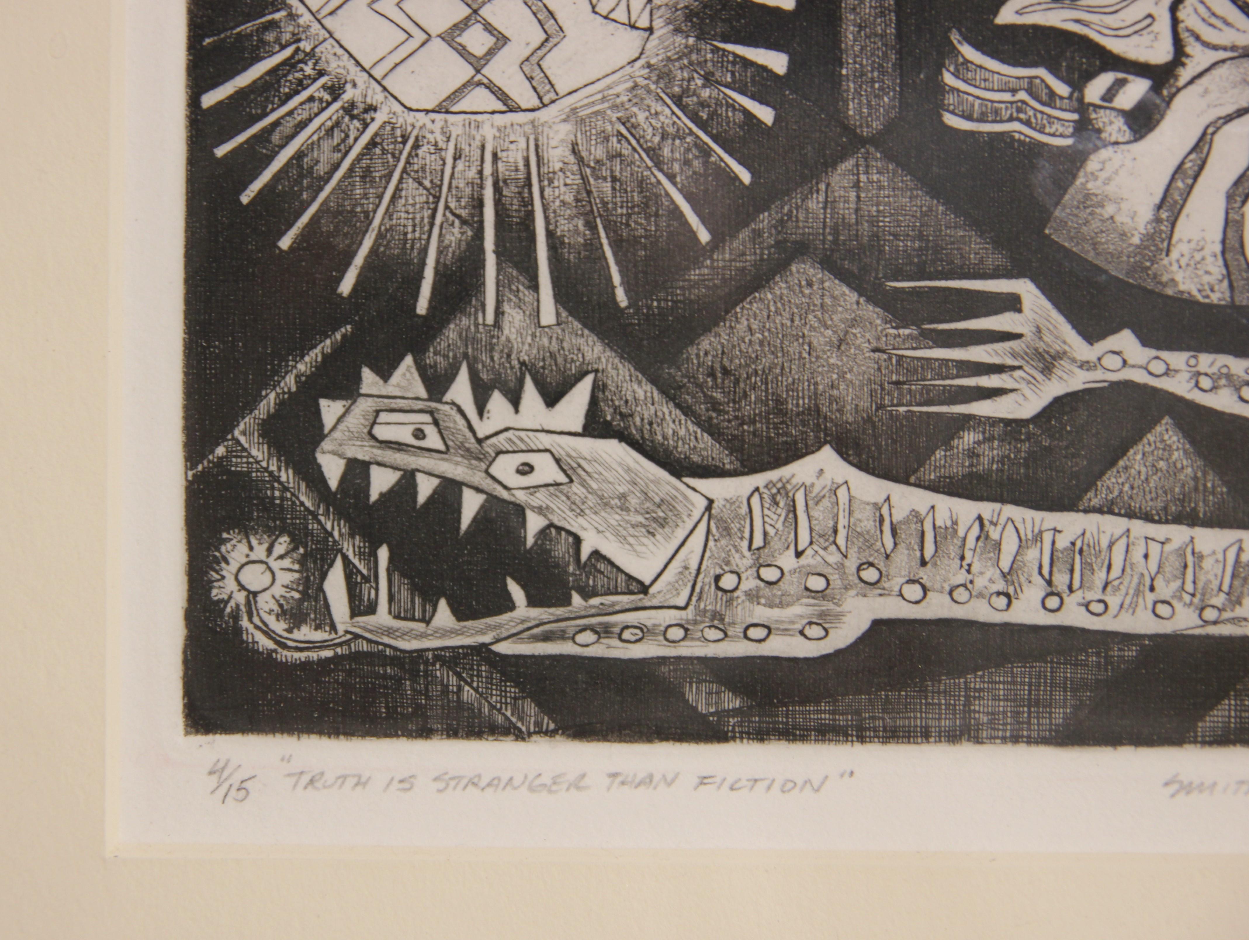 Black and white abstract etching by Houston artist Margaret Smithers-Crump. The work features a collection of abstracted sea creatures such as a crab, eel, and puffer fish. Signed, titled, dated, and editioned in the lower front margin. Hung in a