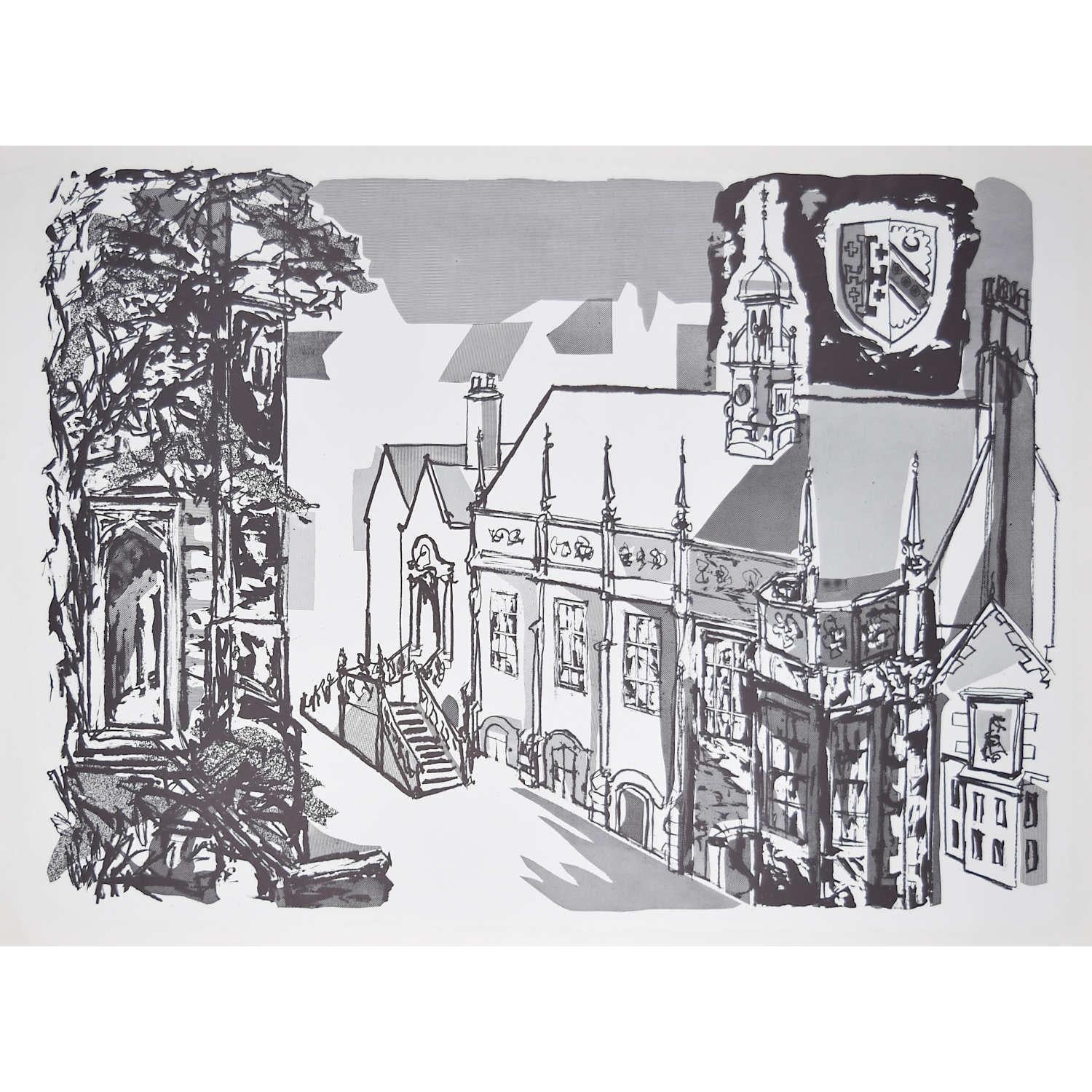 Margaret Souttar (1914-1987)
Selwyn College, Cambridge
Lithograph
77 x 56 cm

Souttar was a Scottish painter and printmaker known for her images of town- and cityscapes. In the early 1960s, she was commissioned to produce a series of prints of the