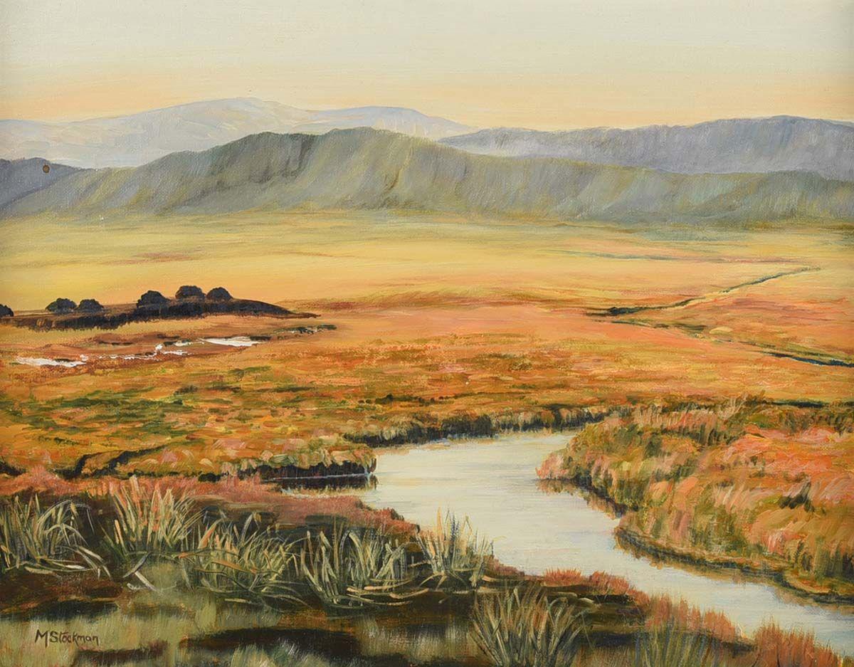 Huile originale de l'artiste d'Irlande du Nord représentant le paysage du Bogland de Galway en Irlande - Marron Landscape Art par Margaret Stockman
