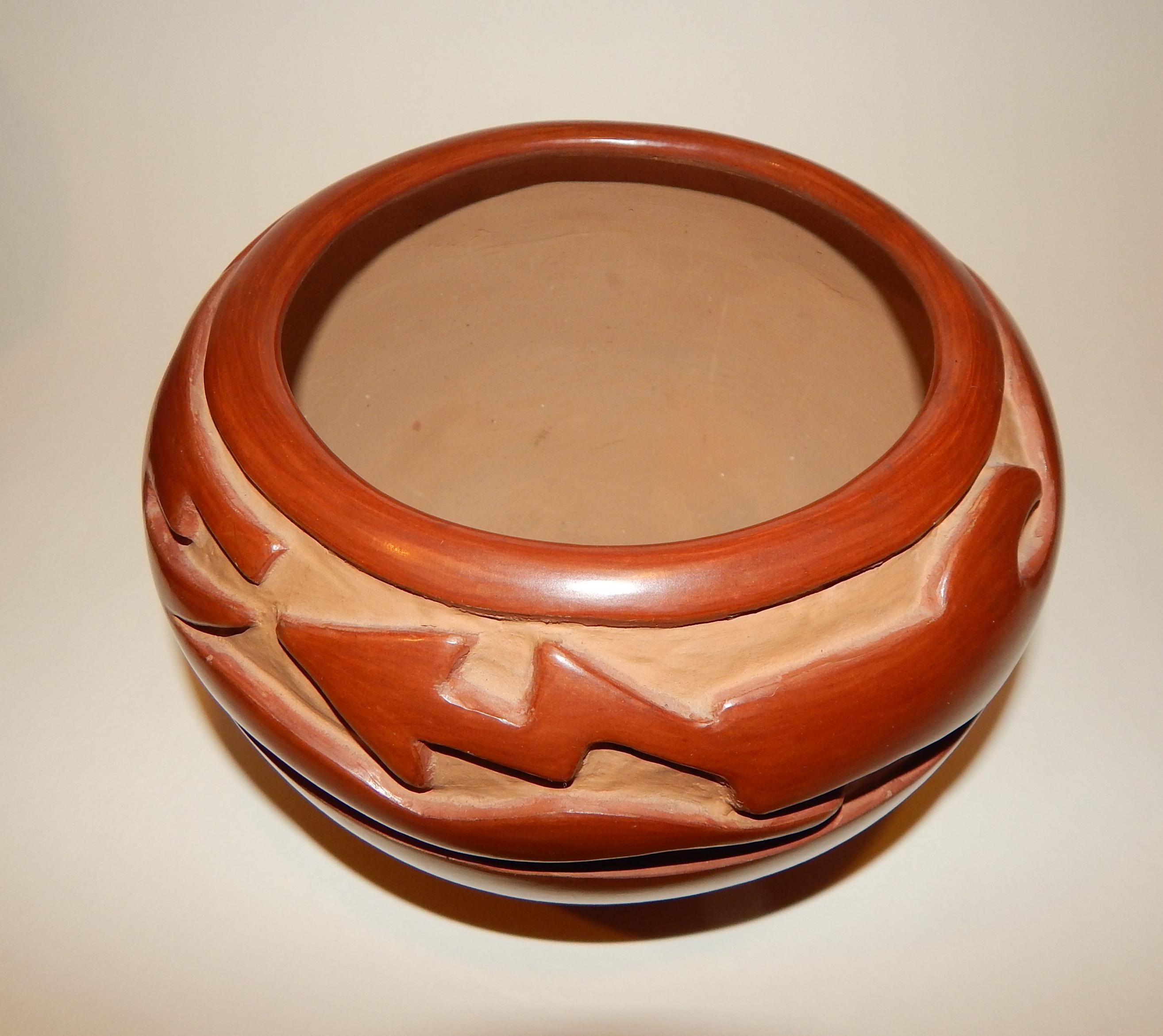 Margaret Tafoya Santa Clara Redware Pot, Water Serpent Design In Excellent Condition In Phoenix, AZ