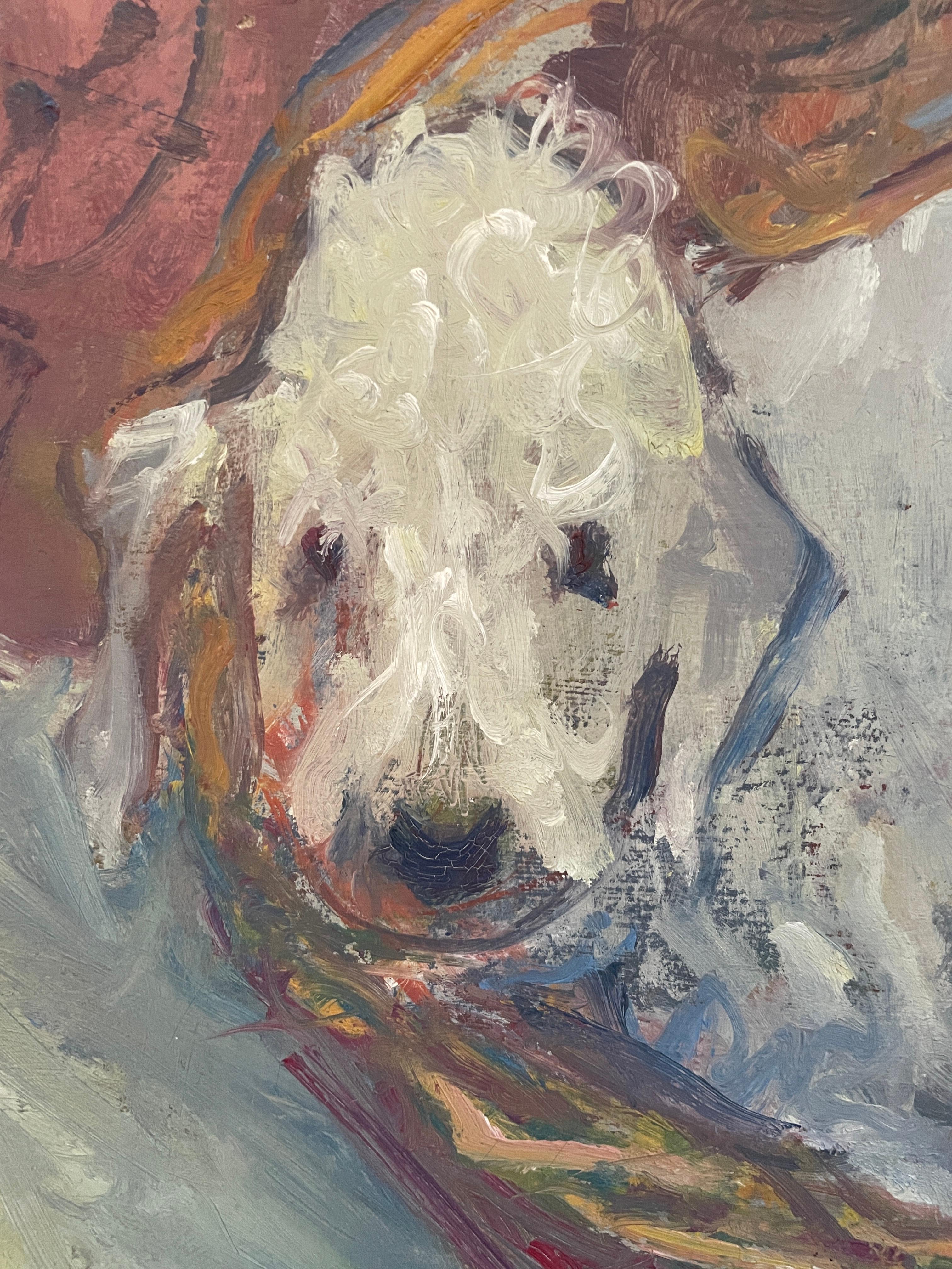 Animal Painting Dog Oil Royal College Art Artist Modern Bedlington Terrier  - Gray Interior Painting by Margaret Thomas