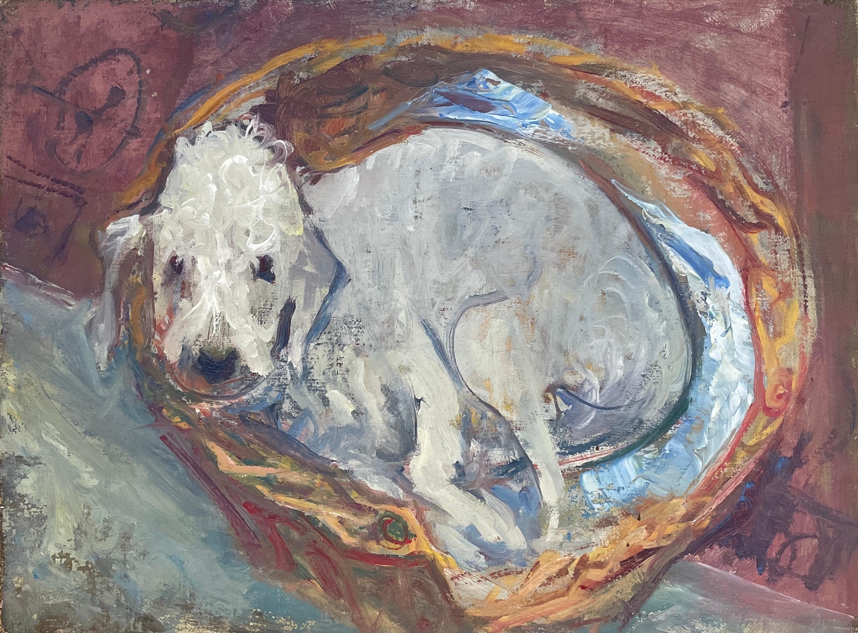 Margaret Thomas Interior Painting - Animal Painting Dog Oil Royal College Art Artist Modern Bedlington Terrier 