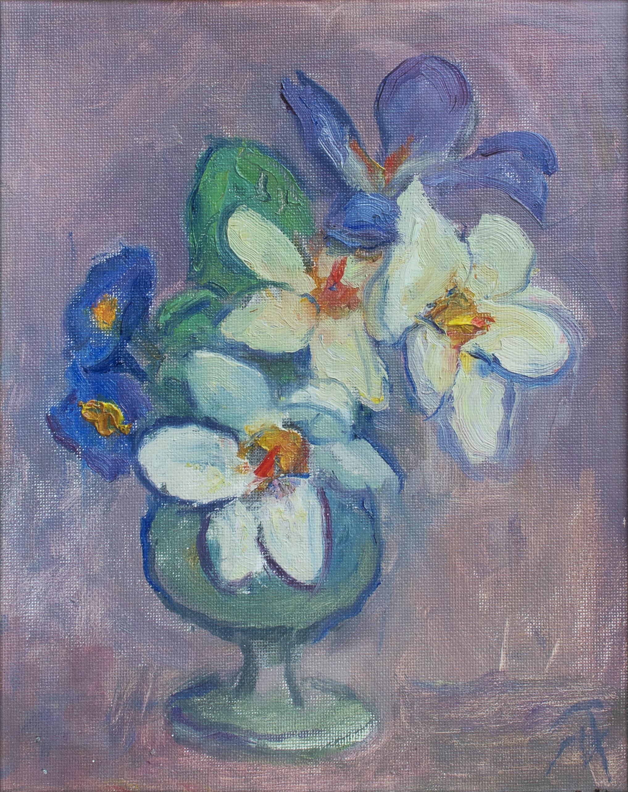 Matisse Ref Oil on Canvas Vase Abstract Blue White Flowers Woman Artist RA Slade - Painting by Margaret Thomas