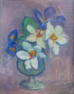 Matisse Ref Öl auf Leinwand Vase abstrakte blaue weiße Blumen Frau Künstlerin RA Slade