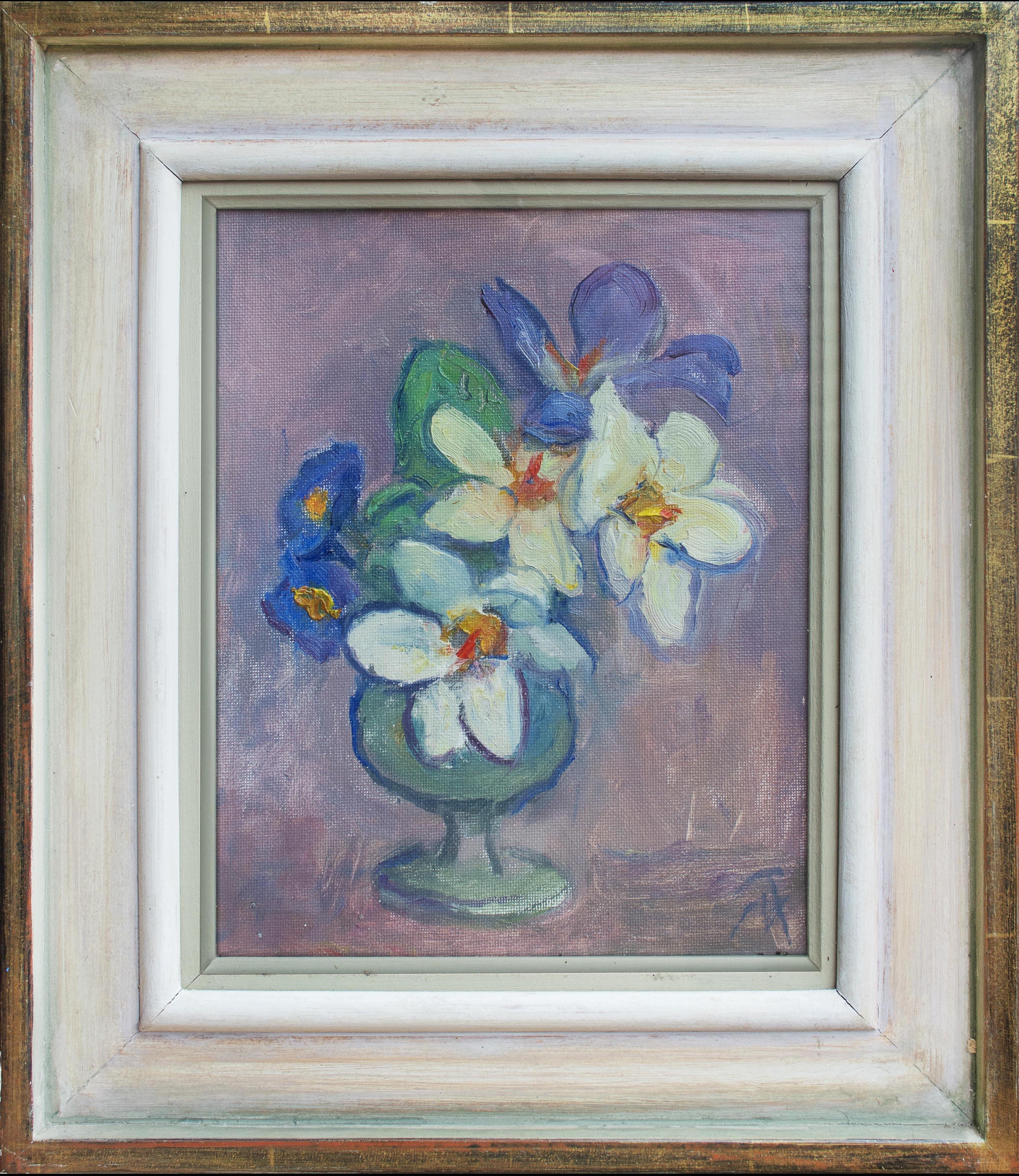 Margaret Thomas Abstract Painting - Matisse Ref Oil on Canvas Vase Abstract Blue White Flowers Woman Artist RA Slade