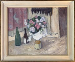 Still life Oil on Canvas Modern British Art Flowers Bottles Slade Impressionist