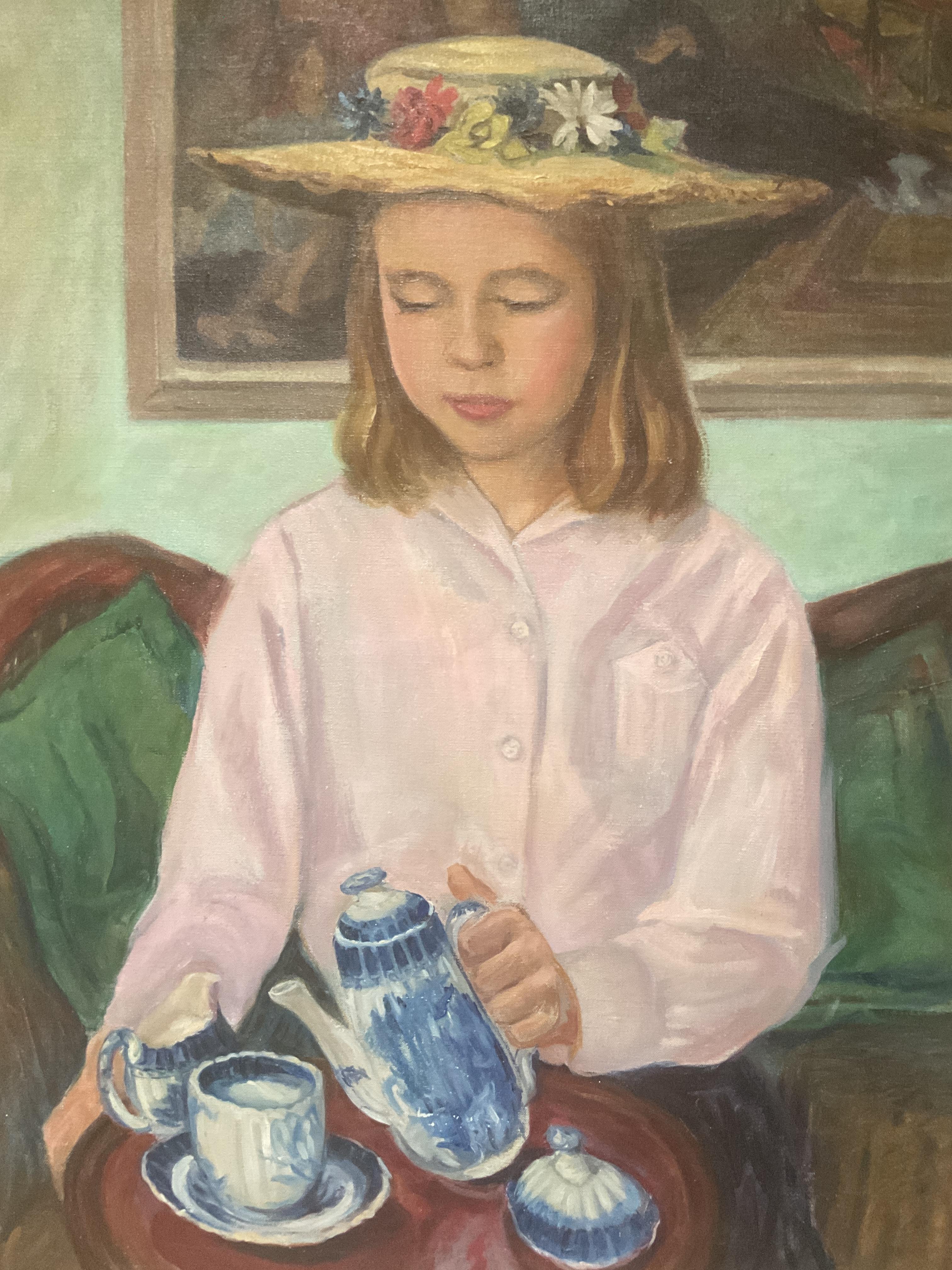 This is not your typical child’s portrait. Young Ellen Warfield is steadily pouring tea or coffee in a proper manner that certainly conforms to societal expectations of the 1950’s. 

The oil on canvas portrait is identified on the reverse as to the