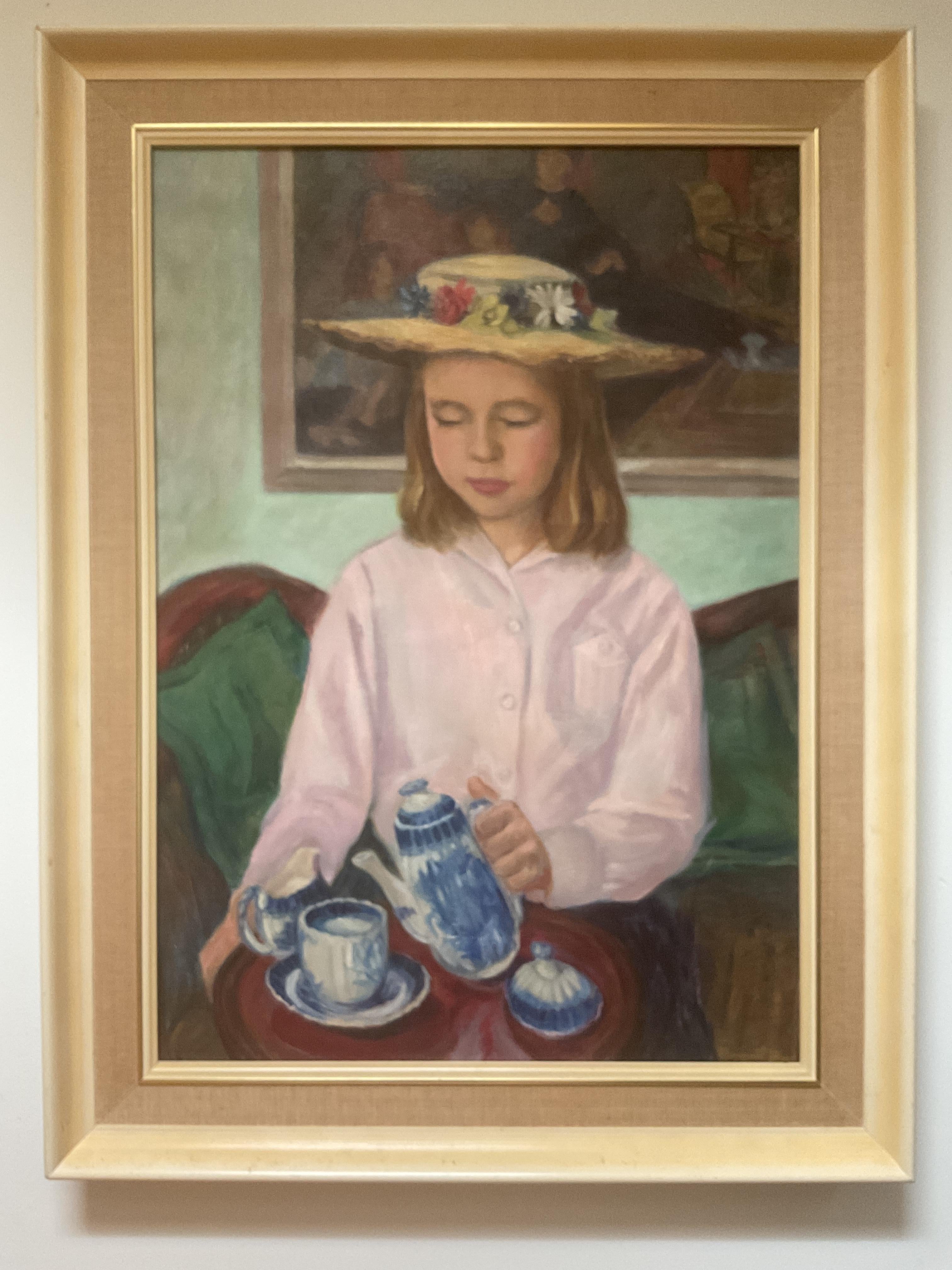 Margaret Ward Portrait Painting - Lovely American Post Impressionist Oil Painting - A Young Girl Pouring Tea, 1956