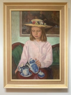Vintage Lovely American Post Impressionist Oil Painting - A Young Girl Pouring Tea, 1956