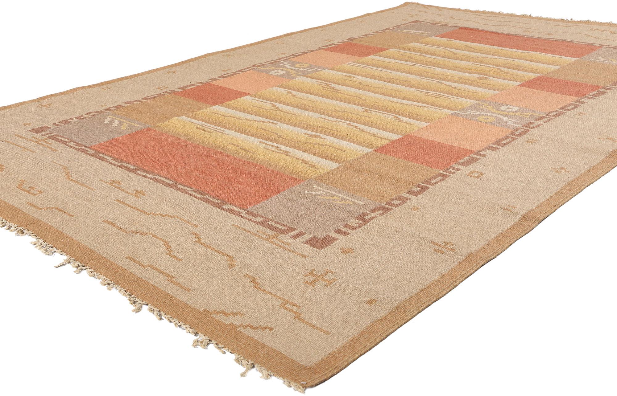 78477 Margareta Ahlstedt-Willandt Finnish Flatweave Rug, 06'04 x 09'10. Woven in the golden hush between seasons, this antique Finnish flatweave rug titled 'Syyskesa' (Autumn Summer) by Margareta Ahlstedt-Willandt is a poetic meditation on the