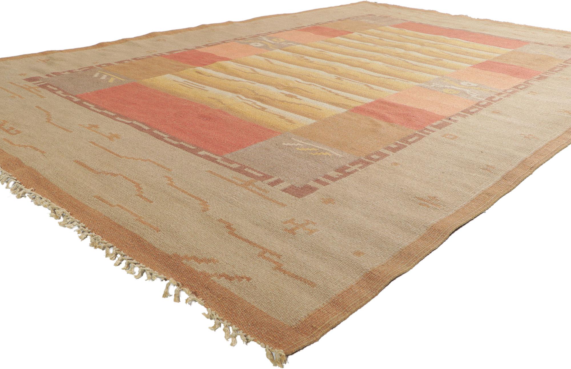 78477 Vintage Finnish Flatweave Rug, 06'04 x 09'10. Emanating autumn in Finland with incredible detail and texture, this handwoven Finnish flatweave rug is a captivating vision of woven beauty. The eye-catching Biophilic Design and earthy colorway