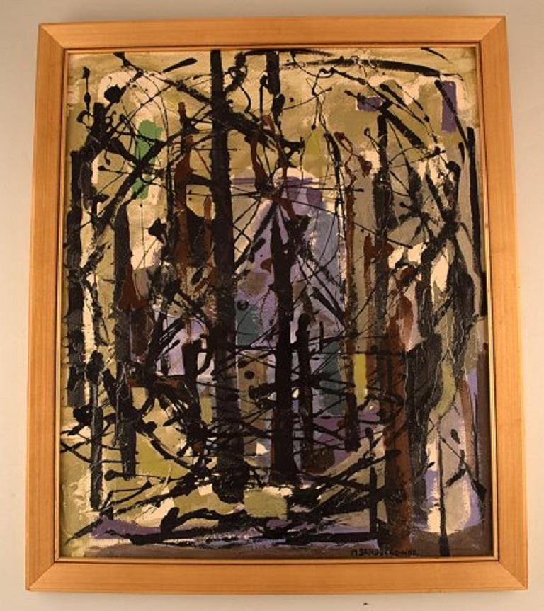 Margareta Sandberg-Hög (1924-2016), Swedish artist. Oil on board, 1960s. 
Abstract composition.
Scandinavian Mid-Century Modern.
The board measures: 63 x 52 cm.
The frame measures: 4 cm.
Signed.
In very good condition.