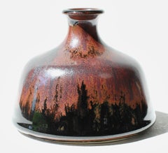 Margarete Schott German Studio Pottery Jarrón Vintage Esmaltado Marrón y Negro c.1984