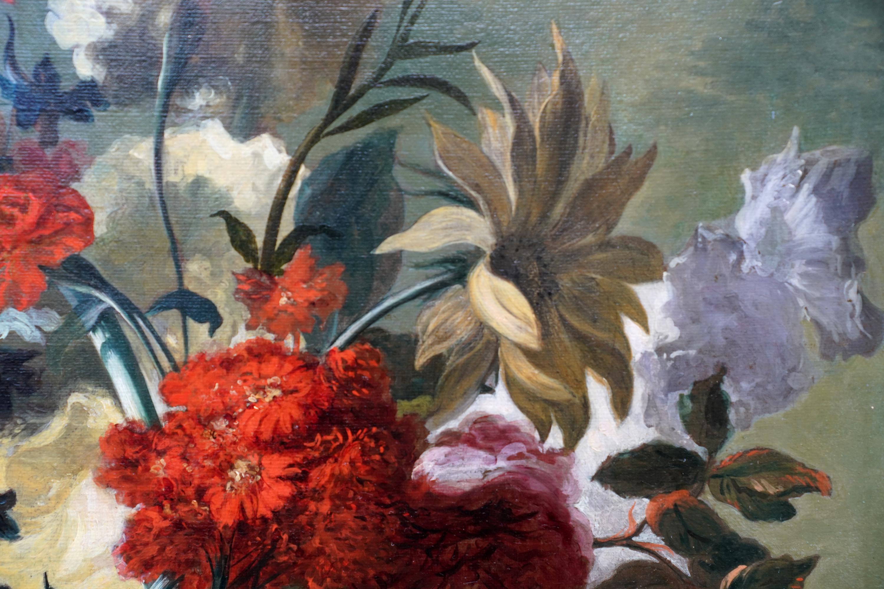 Flowers in Vase on Ledge - Dutch 18thC Old Master floral still life oil painting For Sale 7